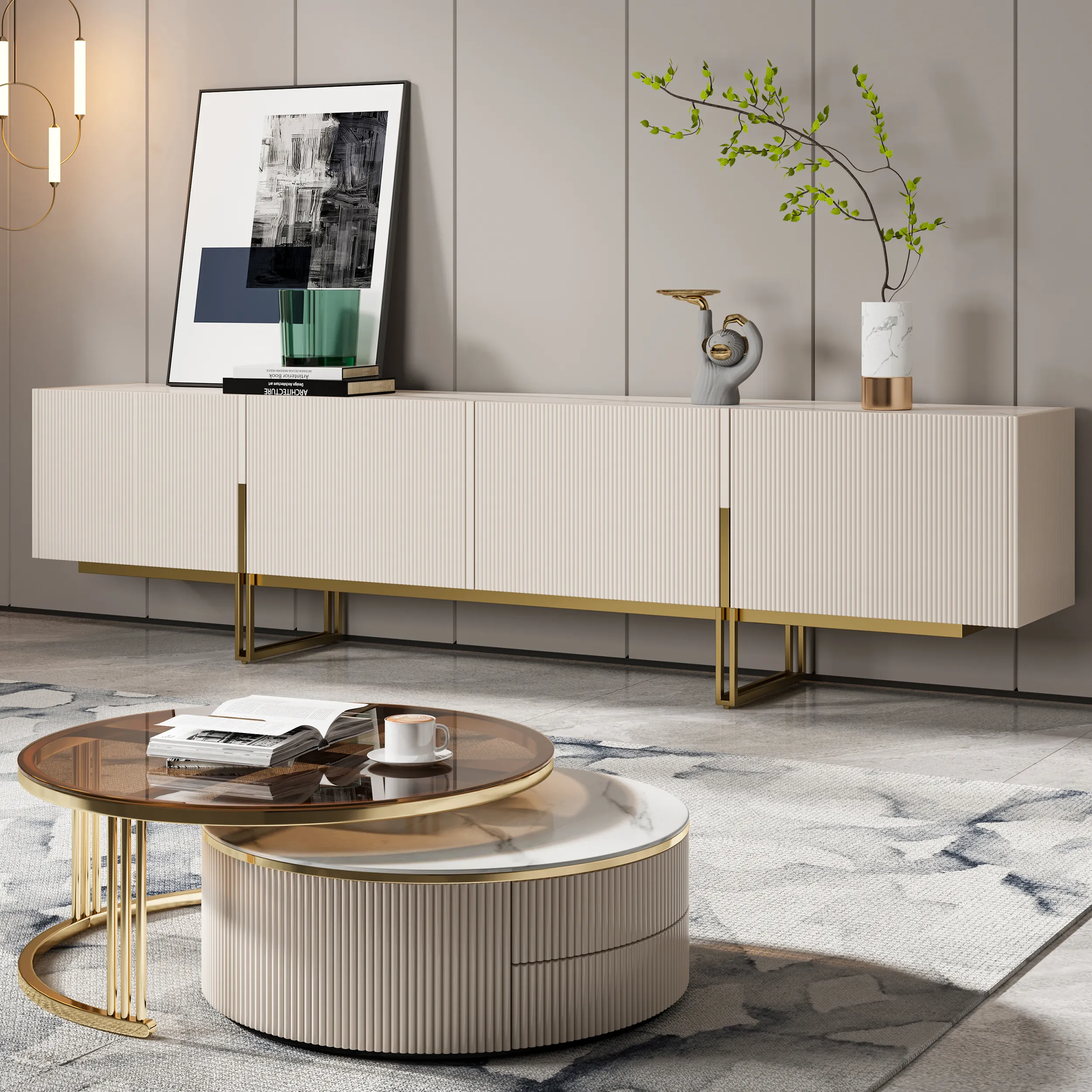 95" TV Stand & Round Glass Nesting Coffee Table Set - Off White image