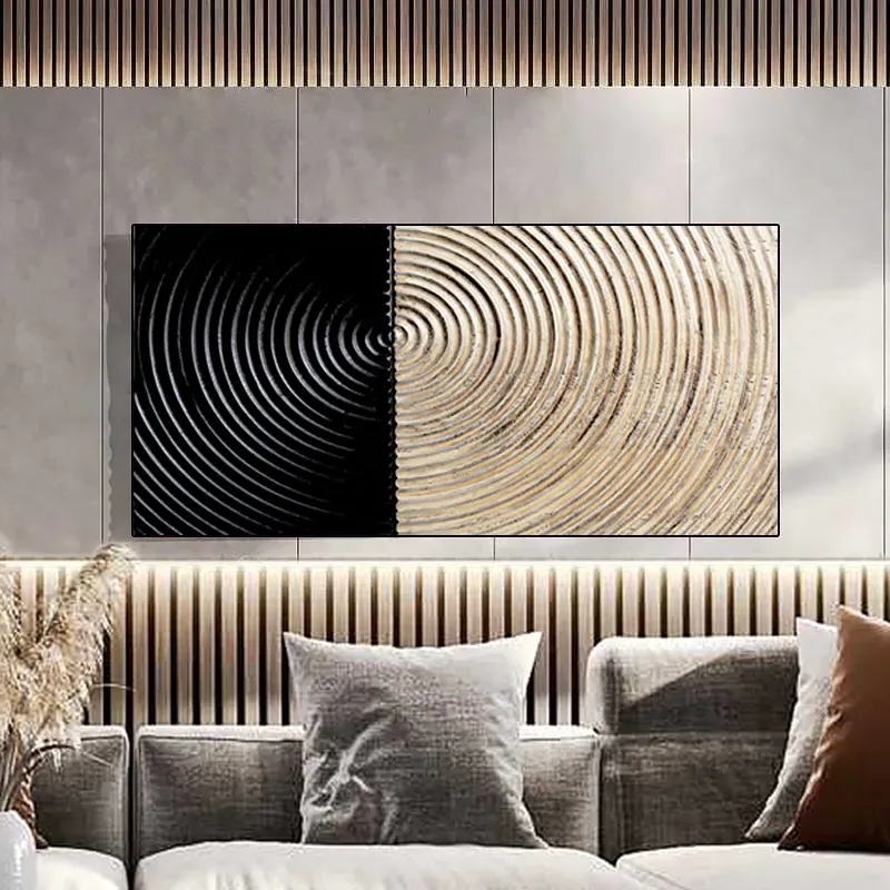 Abstract Rectangular Wall Art with Frame - Black, Gold