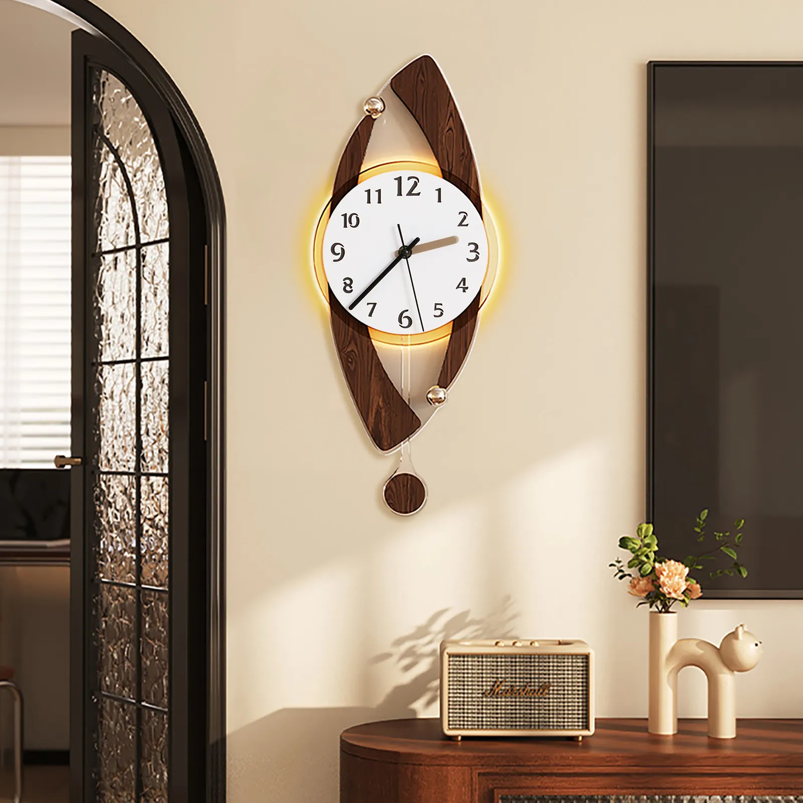 Acrylic Wall Clock with LED Backlight and Pendulum - Wood Grain image