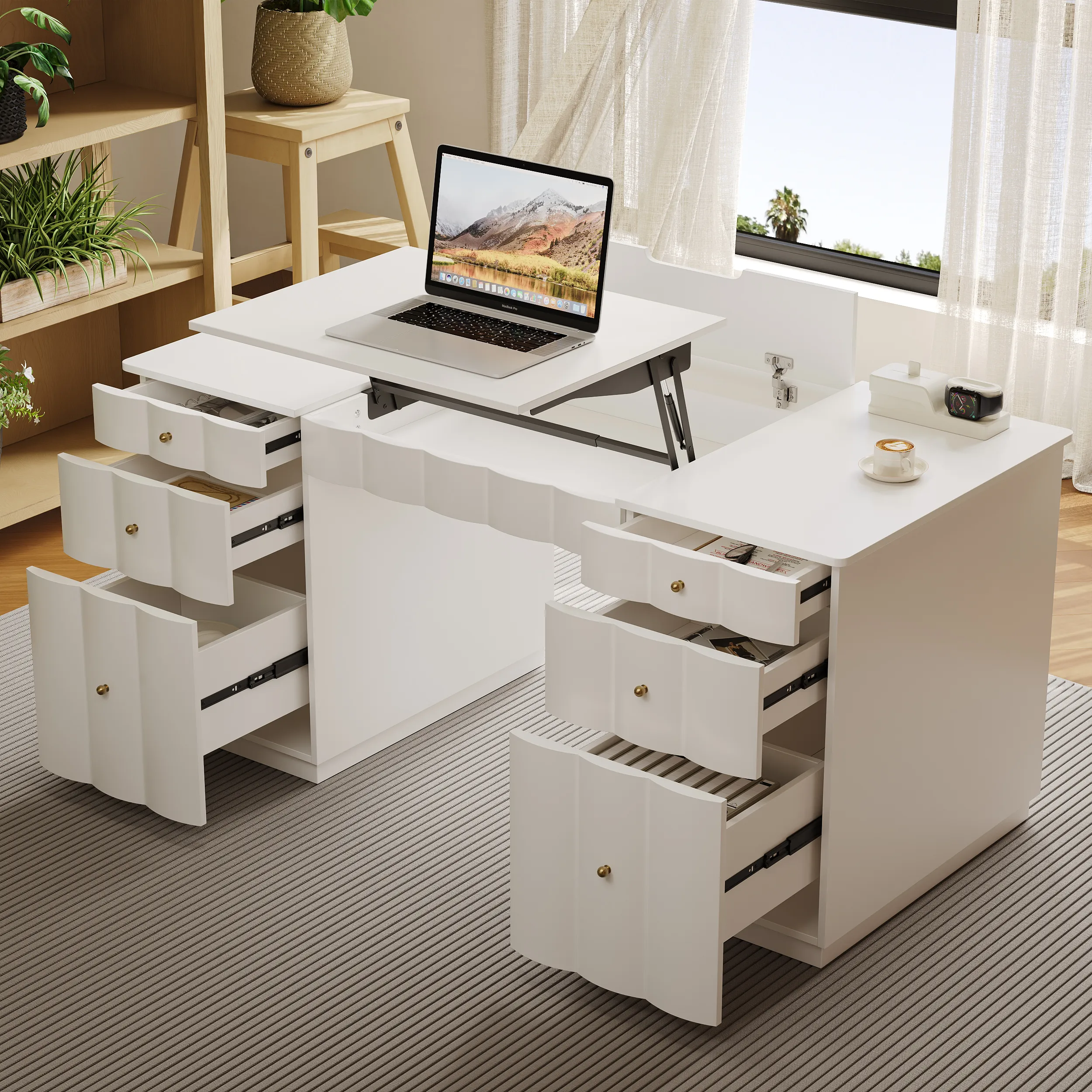 Adjustable Height Desk with 6 Drawers - Cream White image
