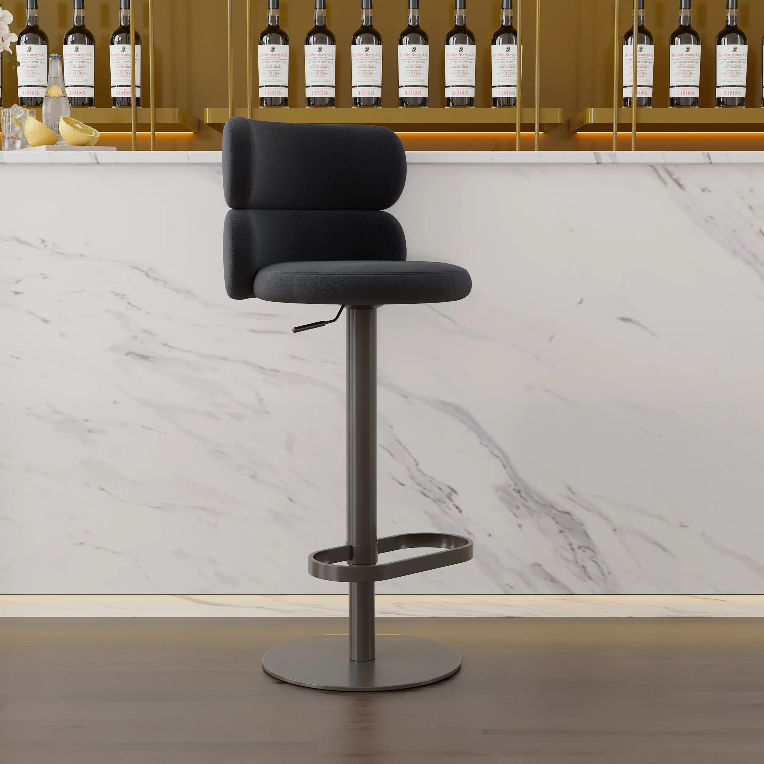 Adjustable Height Swivel Bar Stool with Full Back - Black, Velvet image