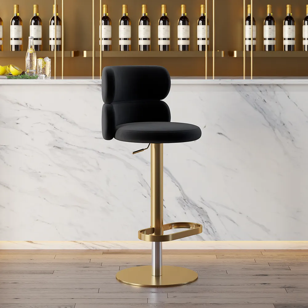 Adjustable Height Swivel Bar Stool with Full Back - Black, Velvet