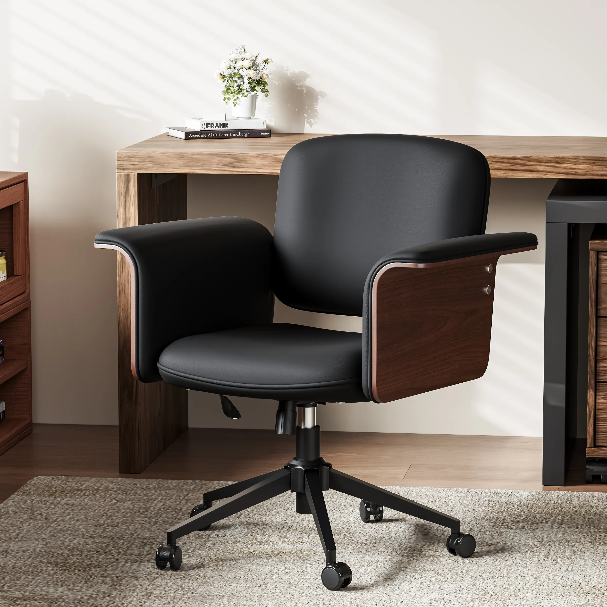 Adjustable Swivel Office Chair with Reclining - Black, Faux Leather image