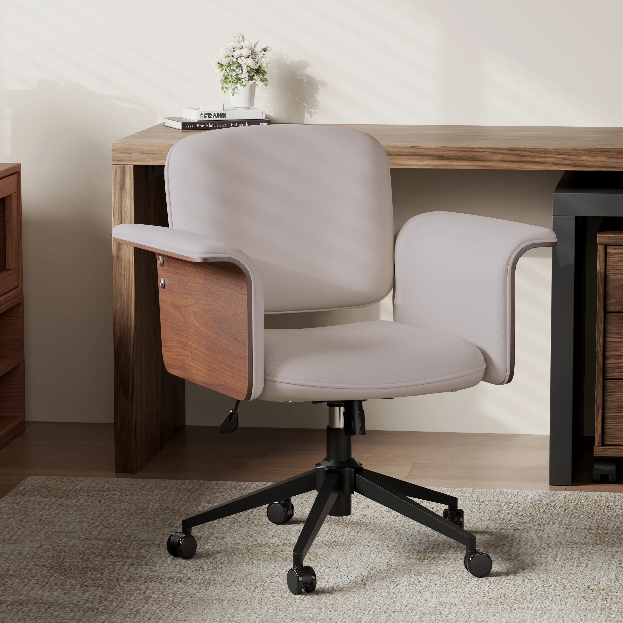 Adjustable Swivel Office Chair with Reclining - Khaki, Faux Leather