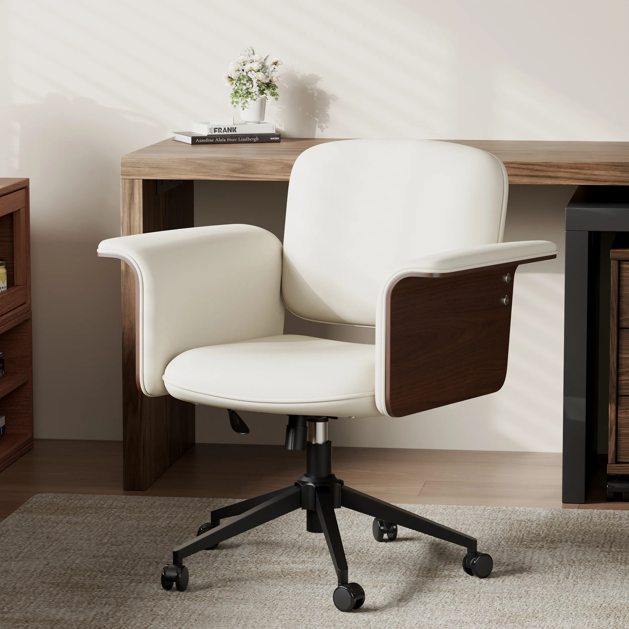 Adjustable Swivel Office Chair with Reclining - White, Faux Leather