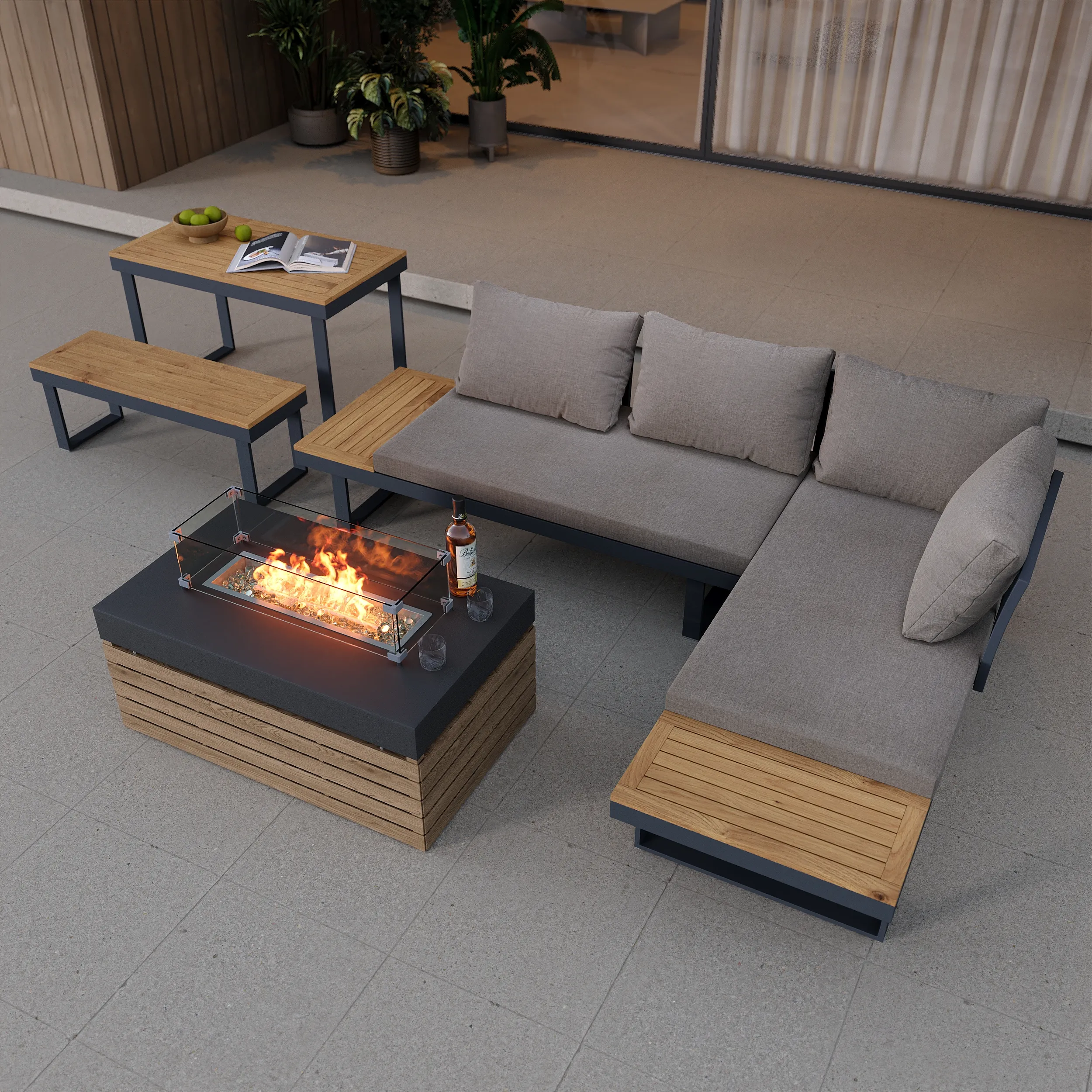 Aluminum Wood Outdoor Sectional Sofa & Propane Fire Pit Table image