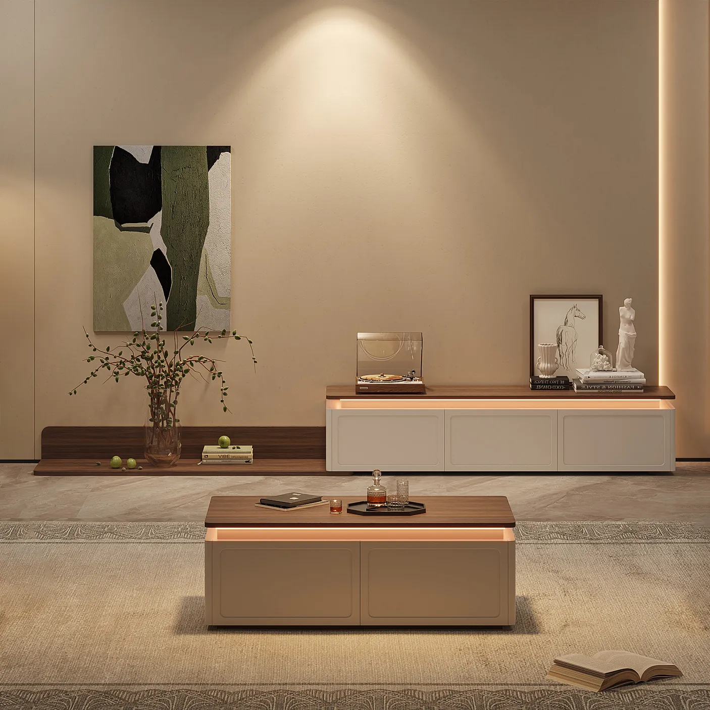 Ambra Extendable TV Stand Coffee Table Set - Walnut, White