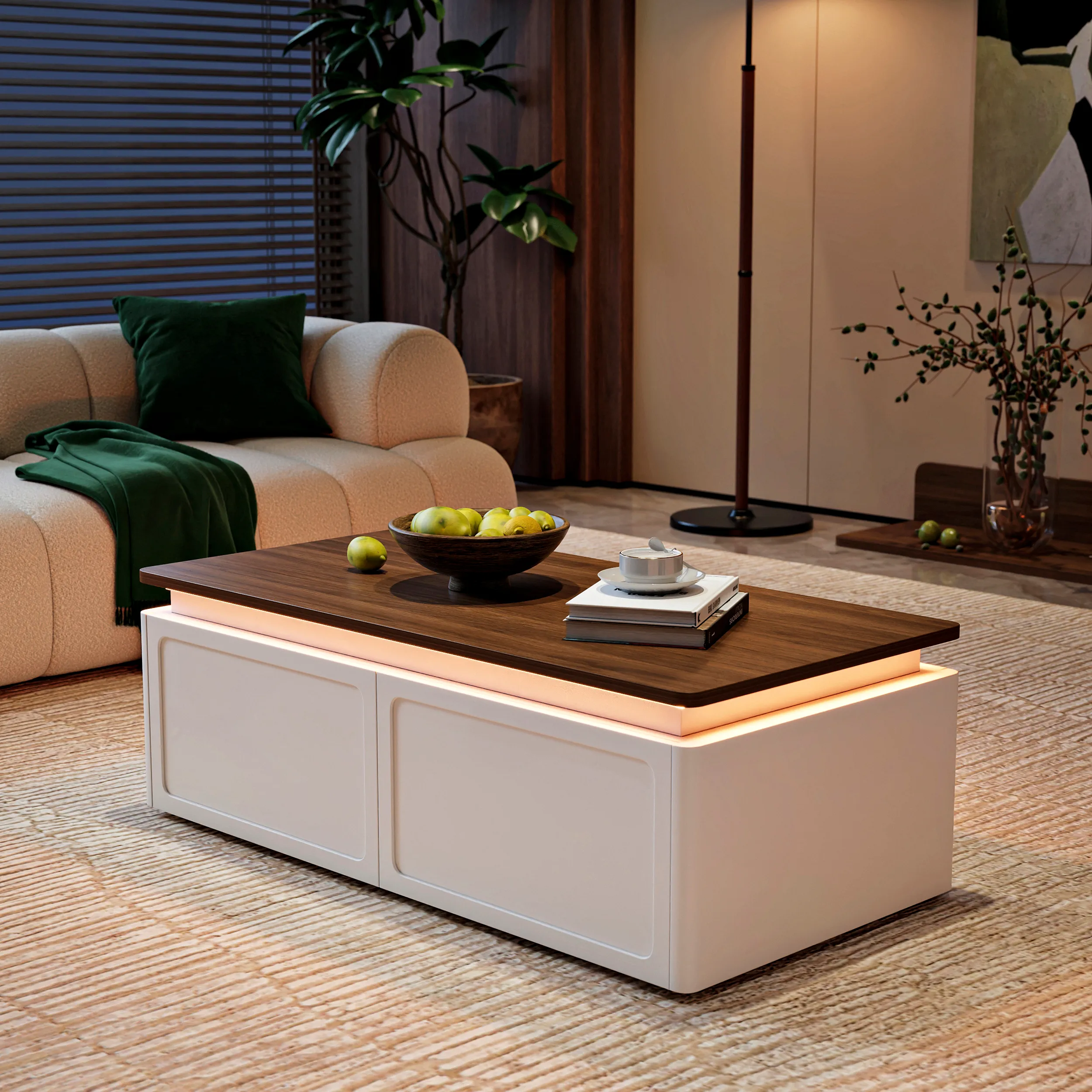 Ambra Rectangular Coffee Table with LED Light - Walnut, White
