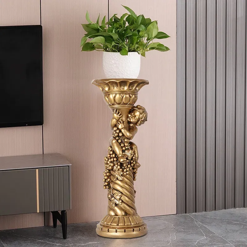 Angel Boy Round Pedestal Plant Stand - Gold