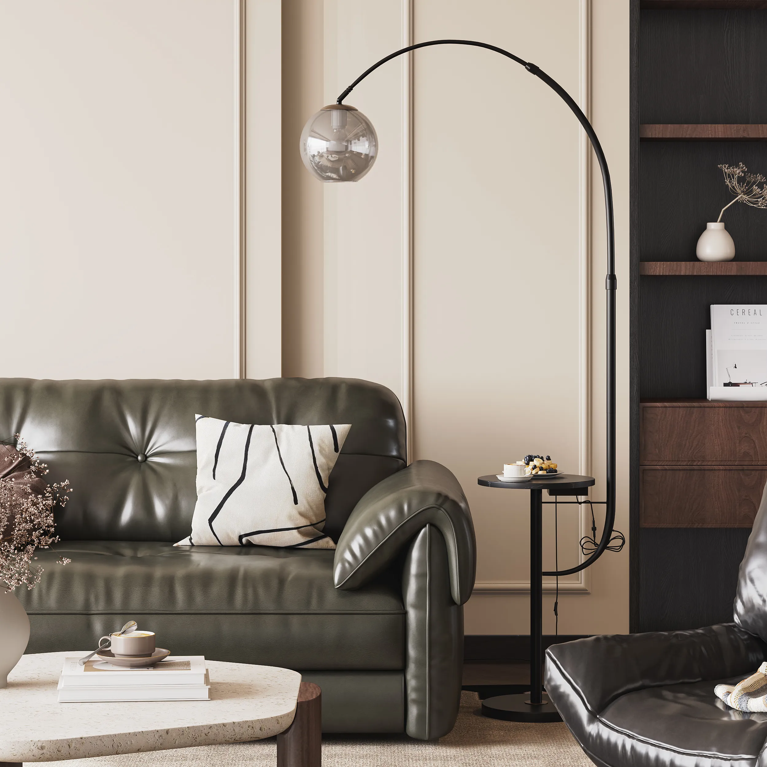 Arc Floor Lamp with Charging & Side Table - Black, Faux Marble image