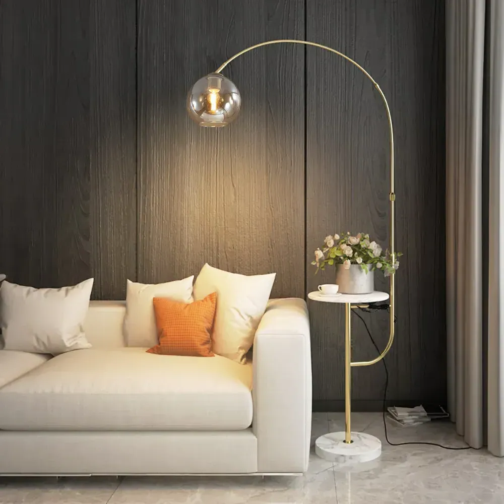 Arc Floor Lamp with Shelf & Wireless Charger - Marble image