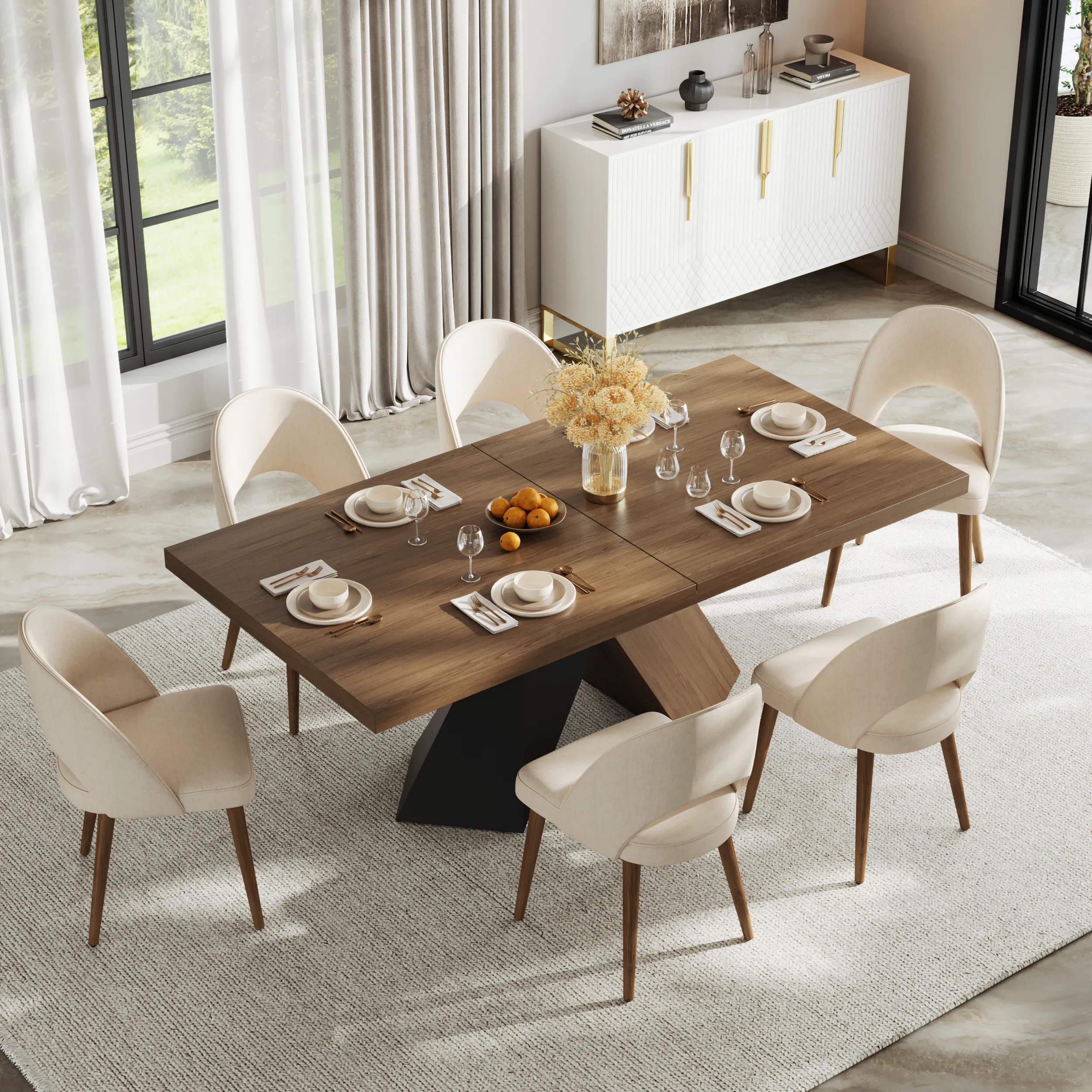 Archic Rectangle Dining Table Set Extendable - Walnut, MDF