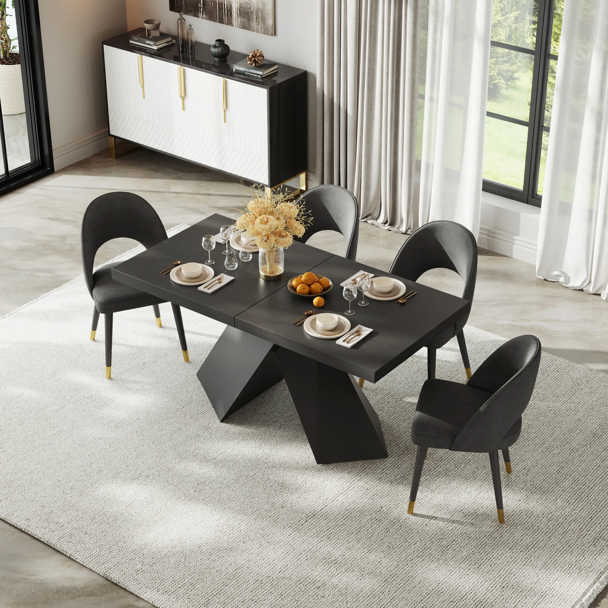 Archic Rectangle Dining Table Set Extendable with 4 Chairs - Walnut, MDF image