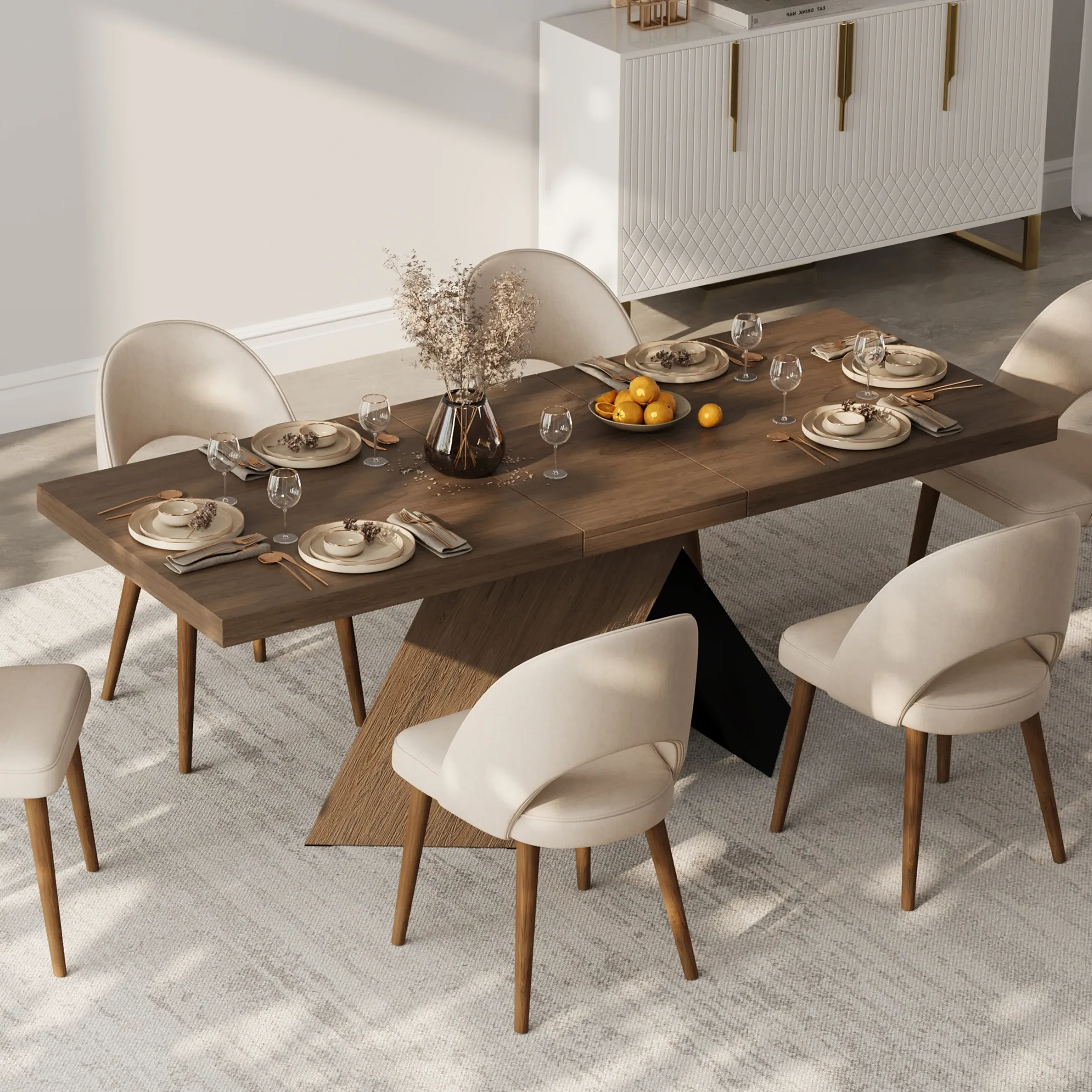 Archic Rectangle Dining Table Set Extendable with 4 Chairs - Walnut, MDF