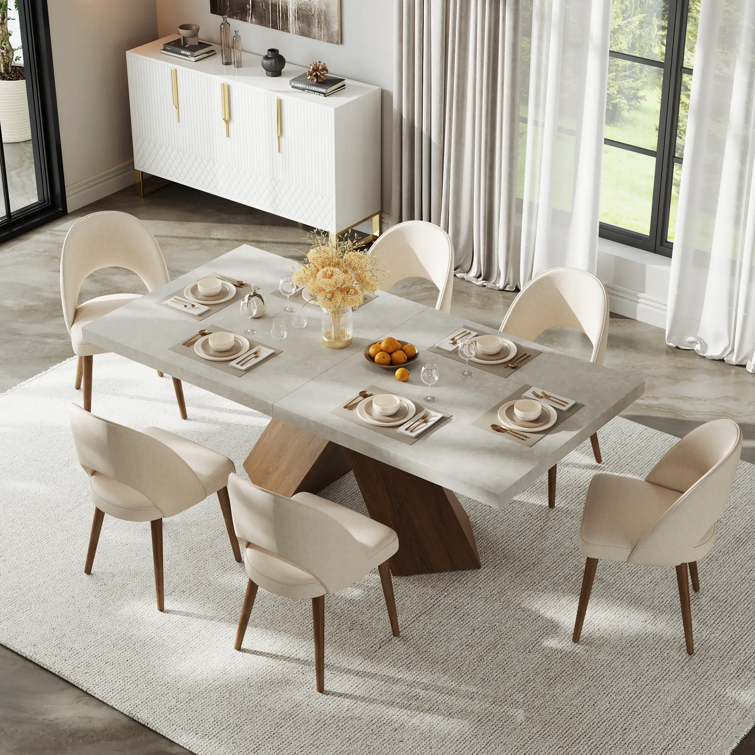 Archic Rectangle Dining Table Set Extendable with 6 Chairs - Walnut, MDF