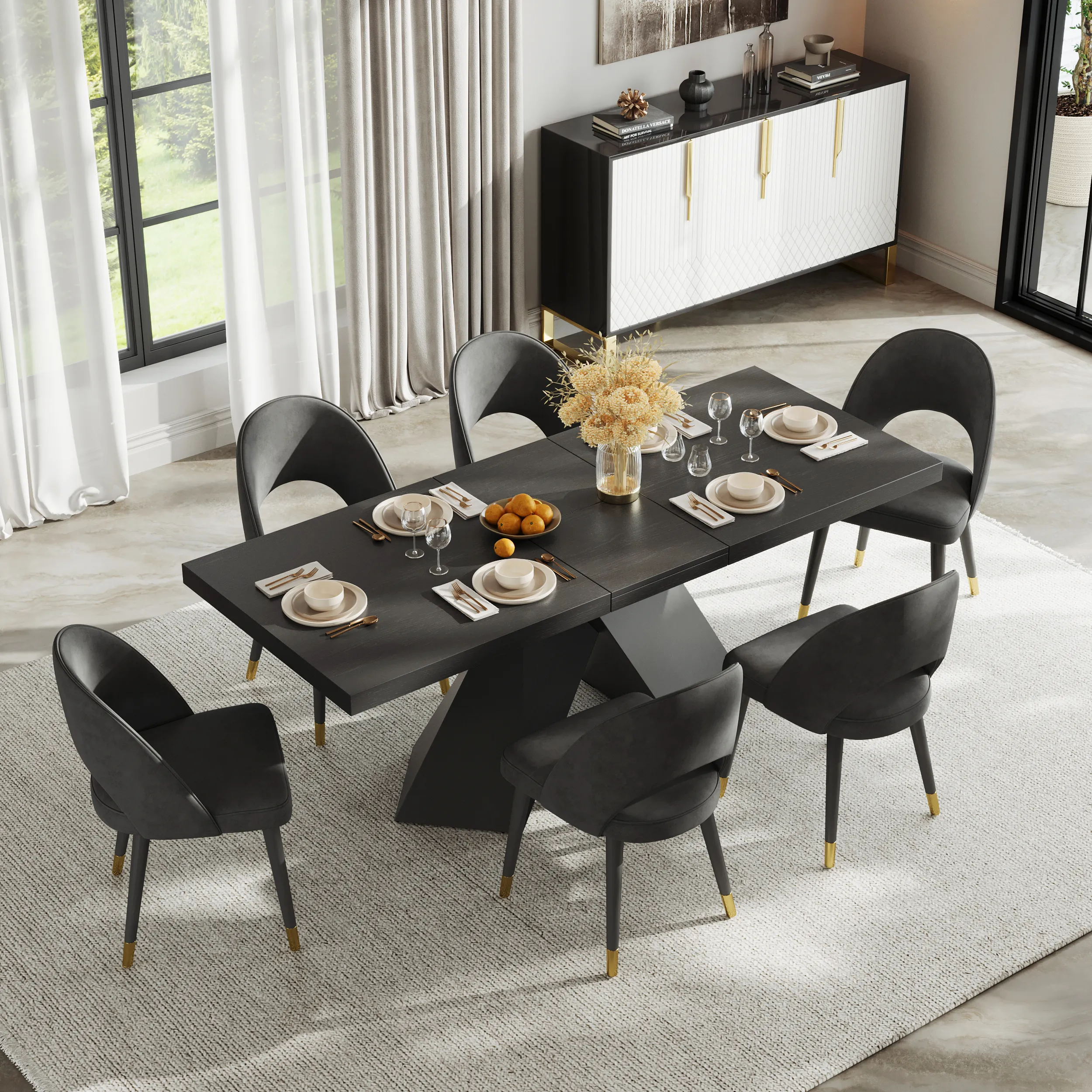 Archic Rectangle Dining Table Set Extendable with 6 Chairs - Walnut, MDF