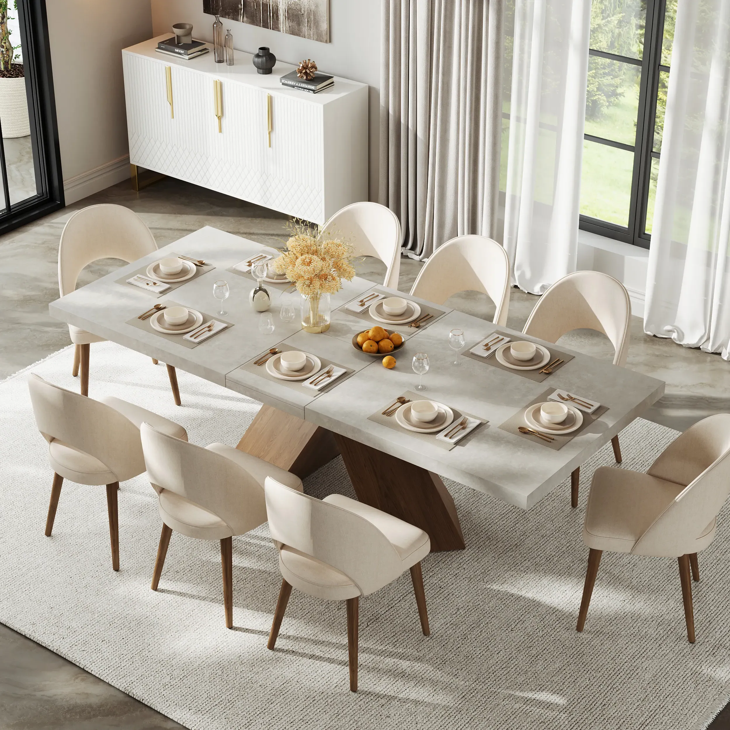 Archic Rectangle Dining Table Set Extendable with 8 Chairs - Walnut, MDF