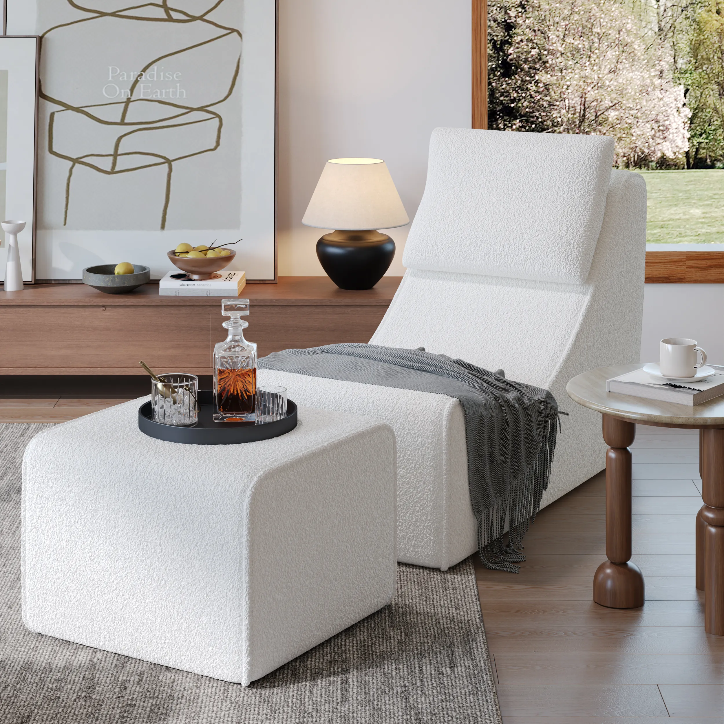 Armless Accent Chair with Ottoman Set - White, Boucle