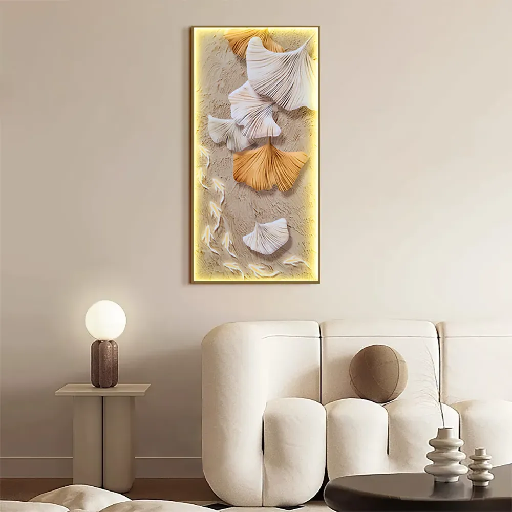 Art Deco Ginkgo LED Canvas Wall Art Print - Gold Frame image