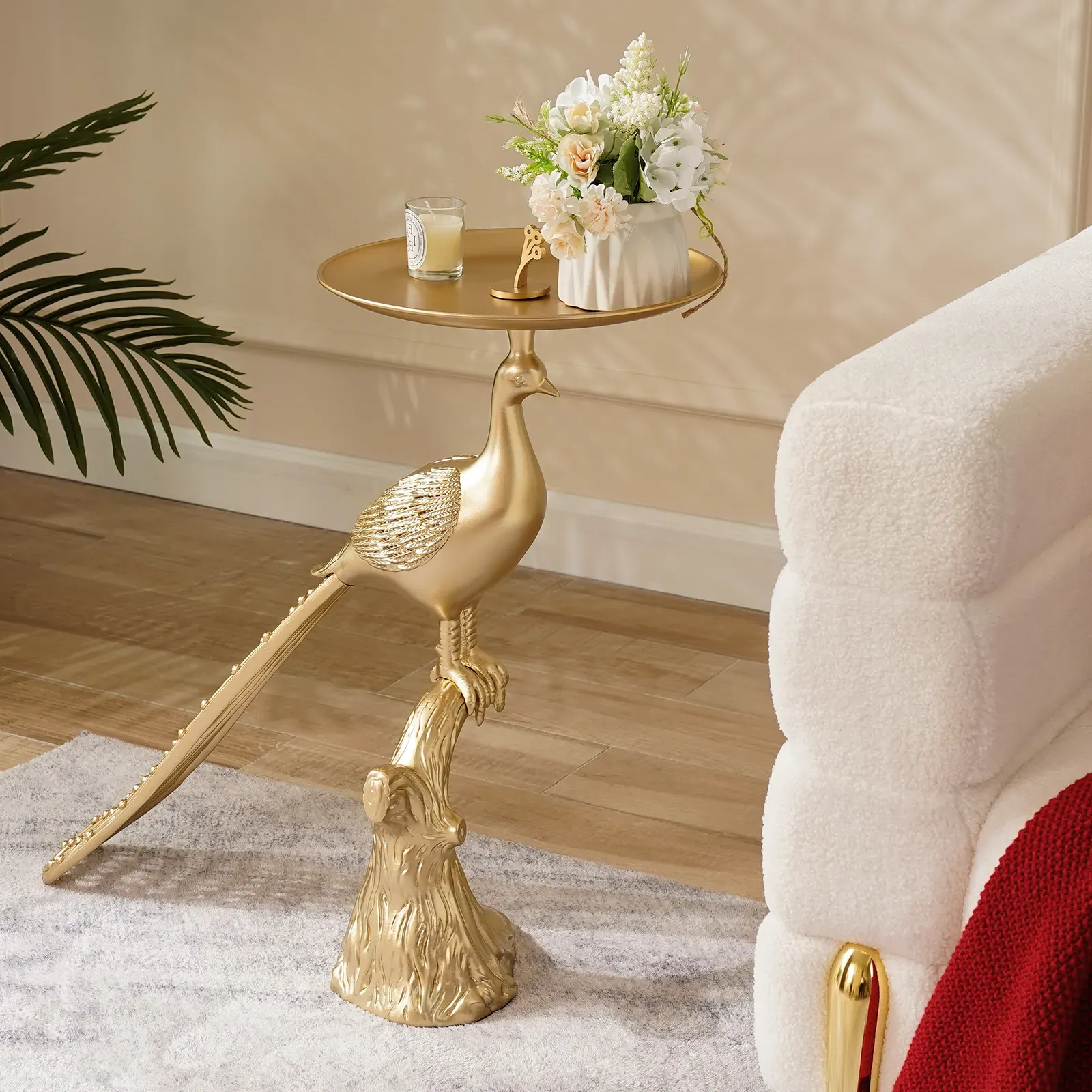 Art Deco Peacock End Table with Tray Top - Gold