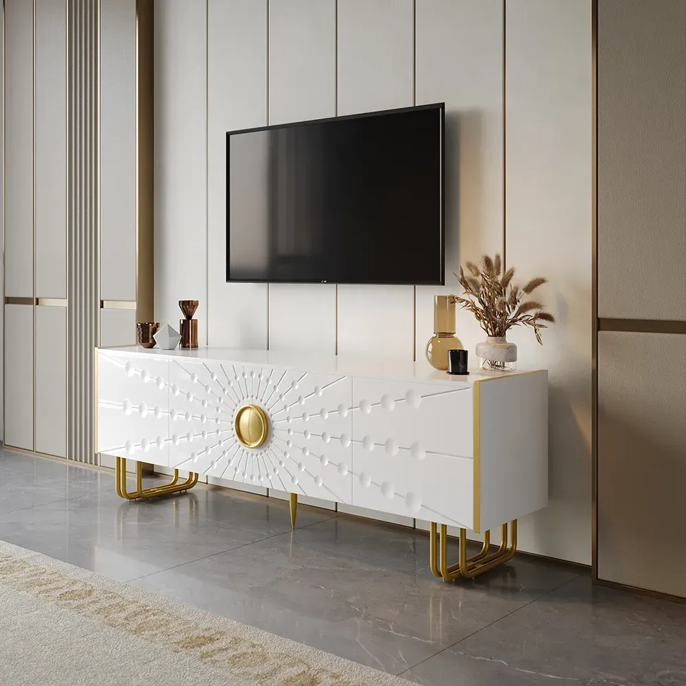 Art Deco TV Stand with 4 Doors and 6 Shelves - White image