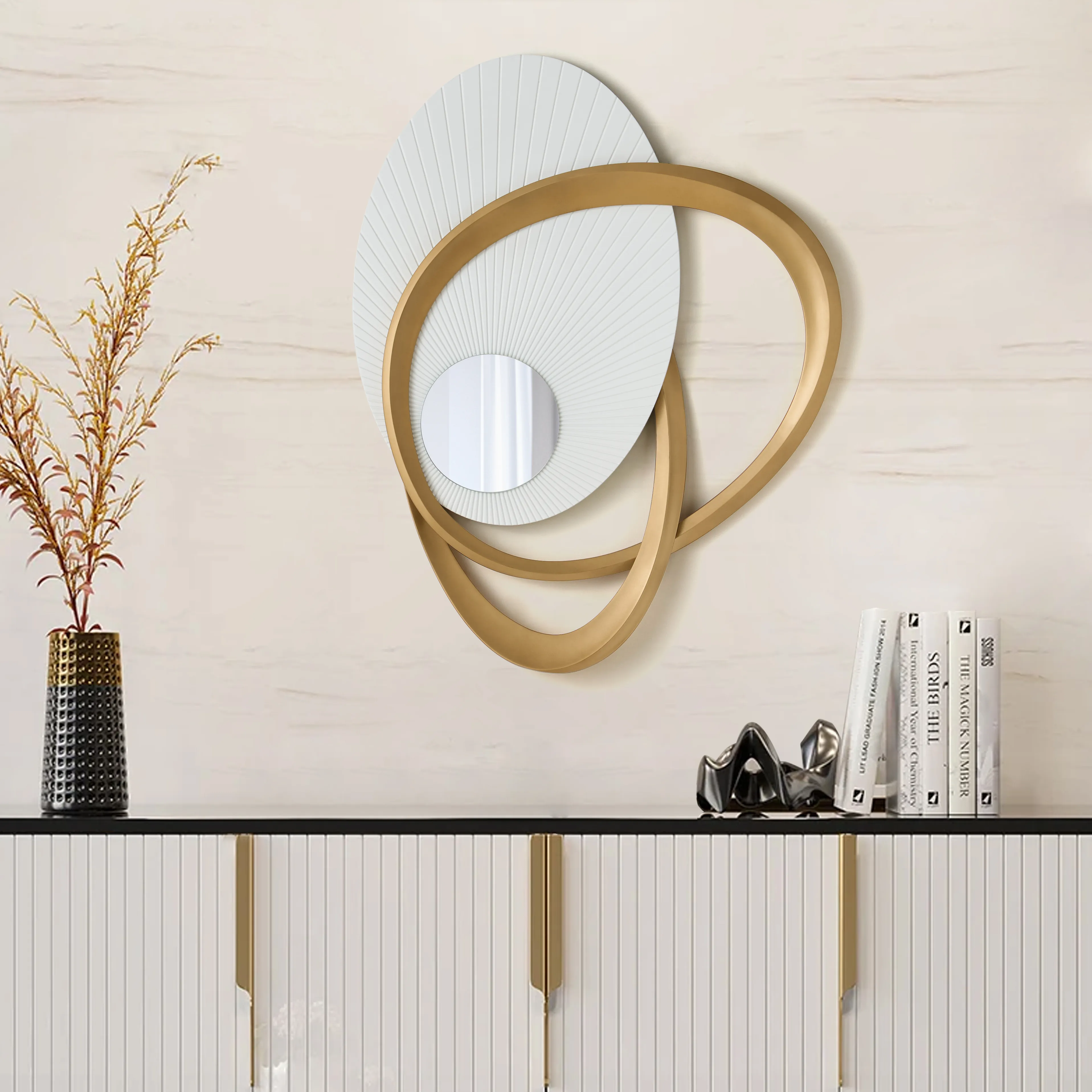 Art Deco Wall Hanging with Mirror - White & Gold