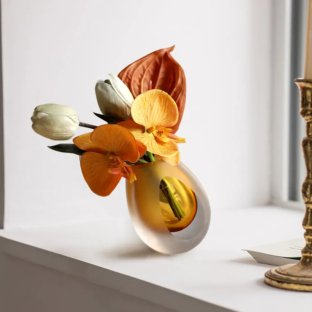 Artificial Flower Arrangement in Glass Vase - Orange