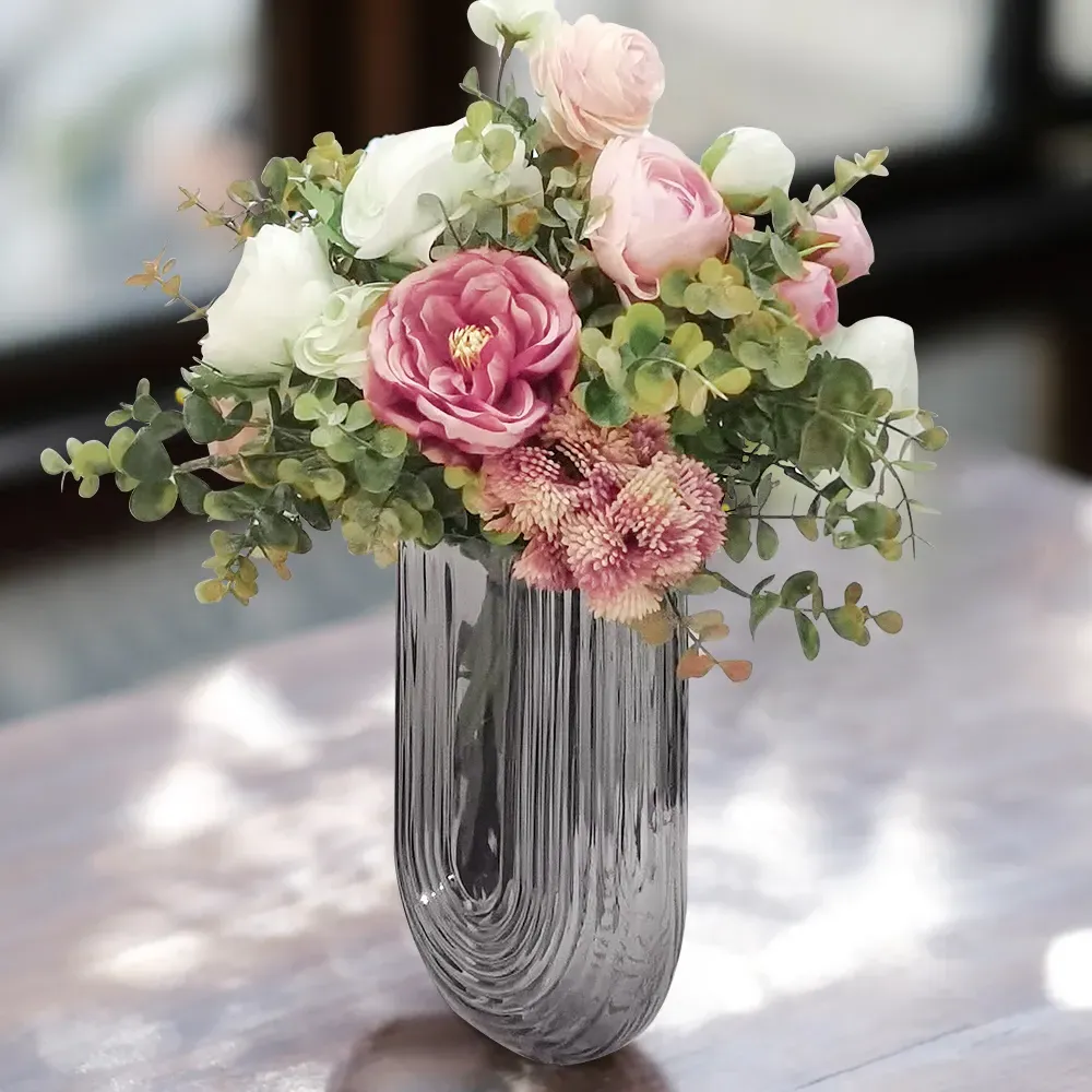 Artificial Flower Arrangement in Glass Vase - Pink image