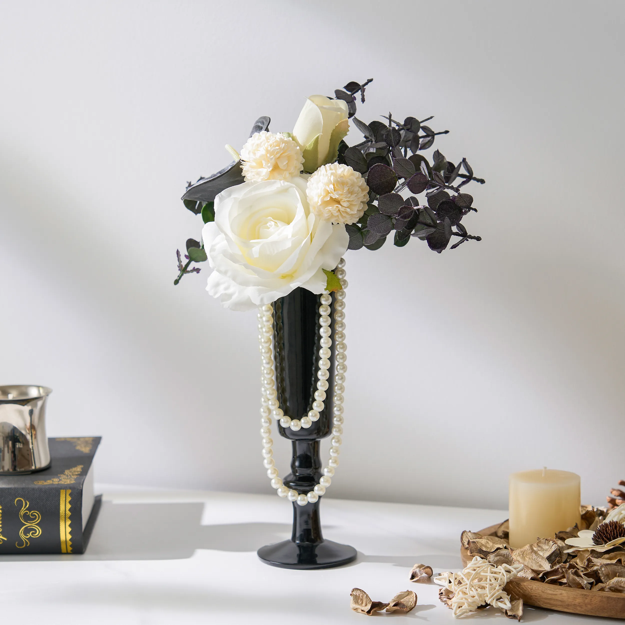 Artificial Flowers with Pearls in Glass Vase - Black image