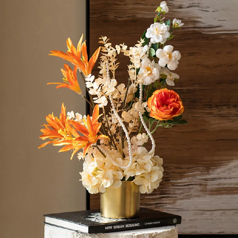 Artificial Hydrangea in Vase Set - Orange, Ceramic