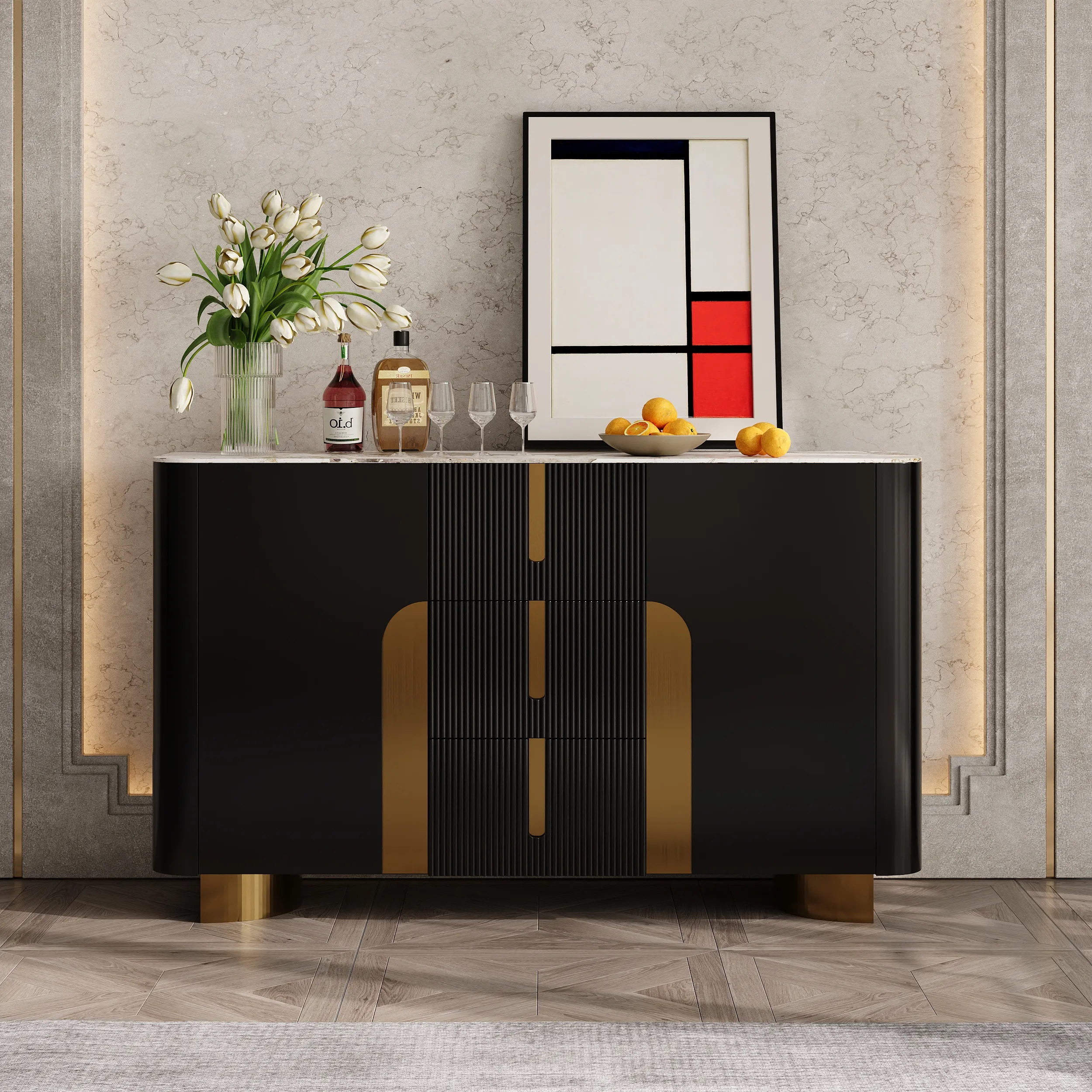 Artus 59"W Sideboard 3 Drawers - Black, Sintered Stone image