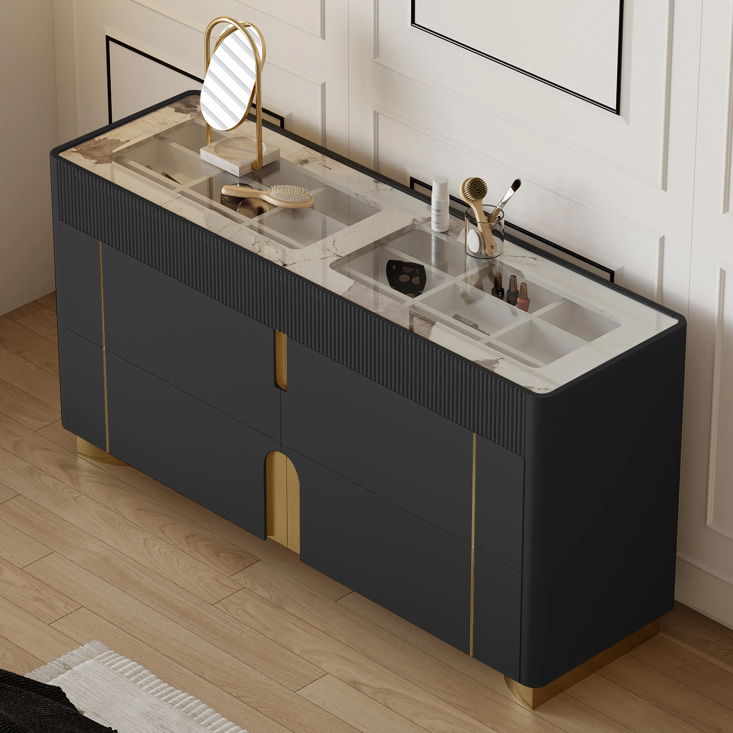 Artus 6 Drawer Dresser with Jewelry Display - Glass Top