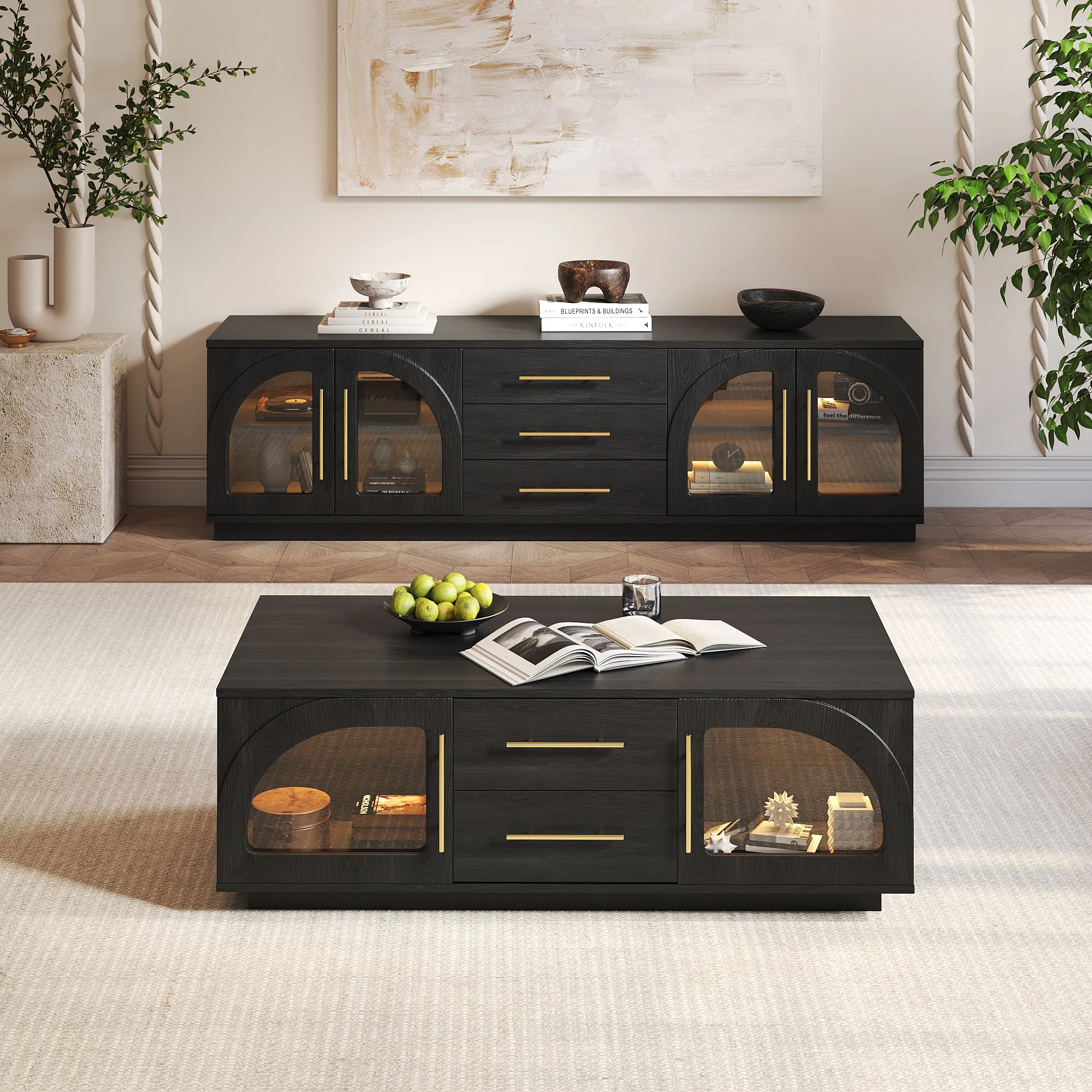 Arune 72" TV Stand Coffee Table Set with LED - Black