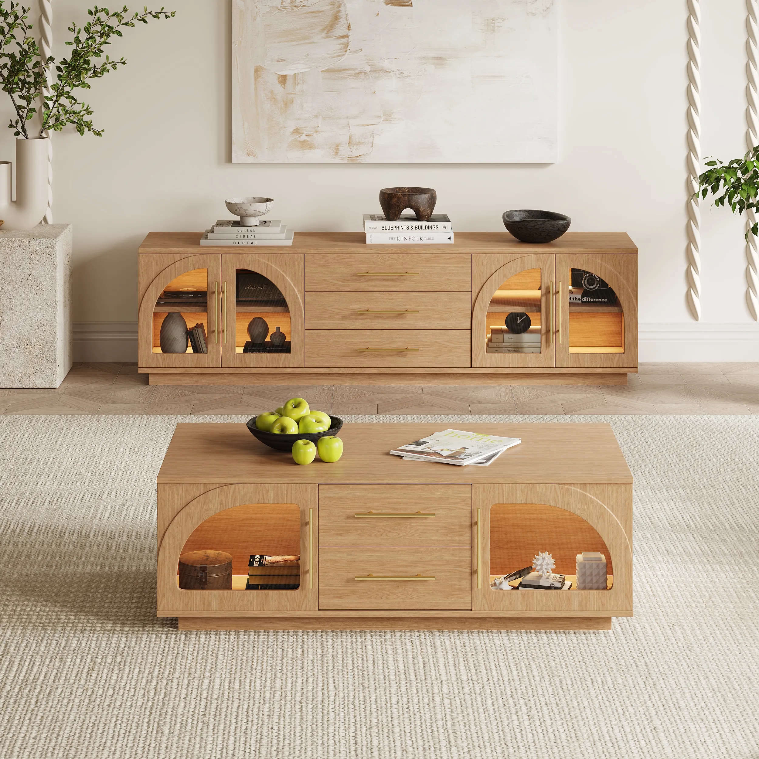 Arune 72" TV Stand Coffee Table Set with LED Lights - Ash Veneer