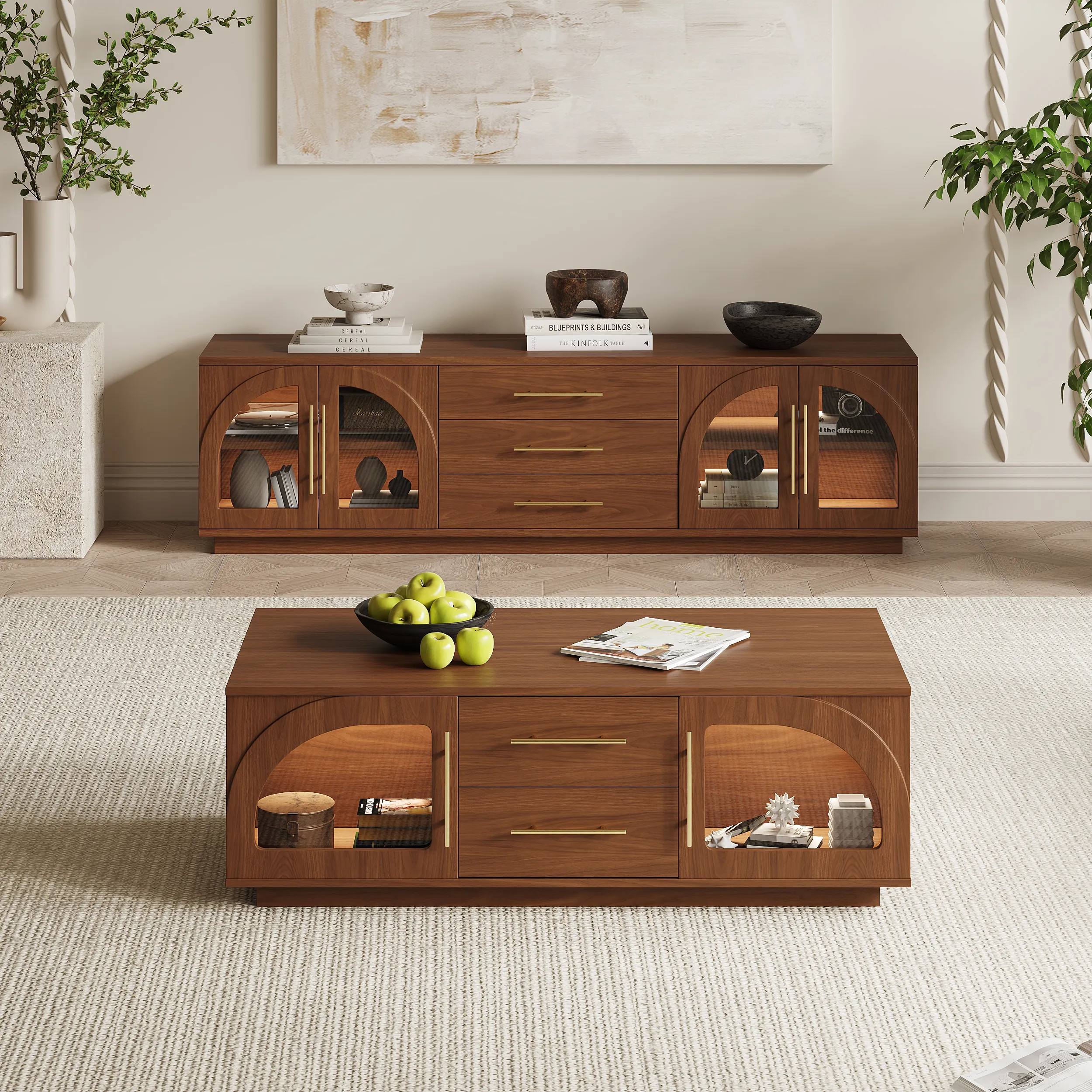 Arune 72" TV Stand Coffee Table Set with LED - Walnut