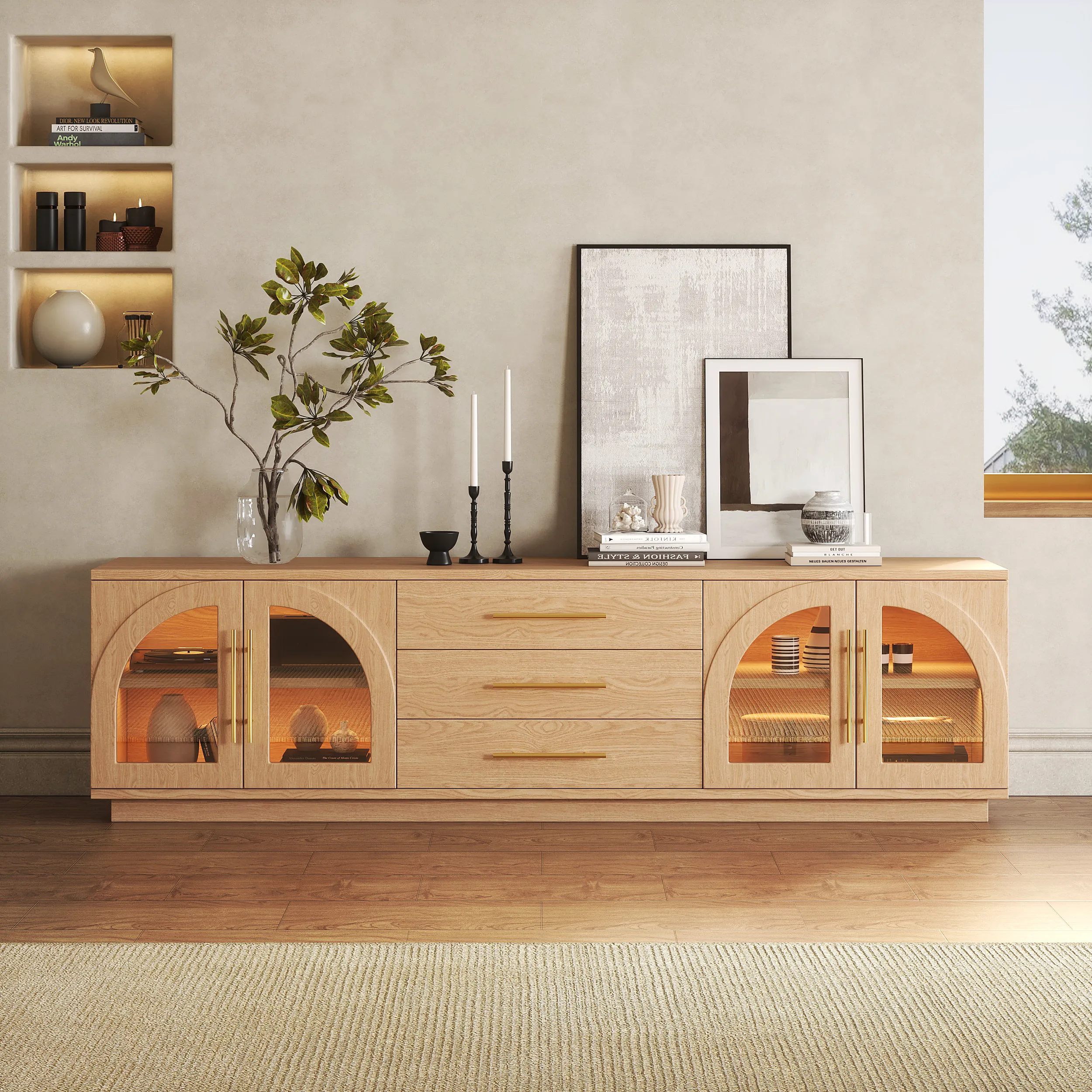 Arune 72" TV Stand with LED Lights - Natural, Ash Veneer