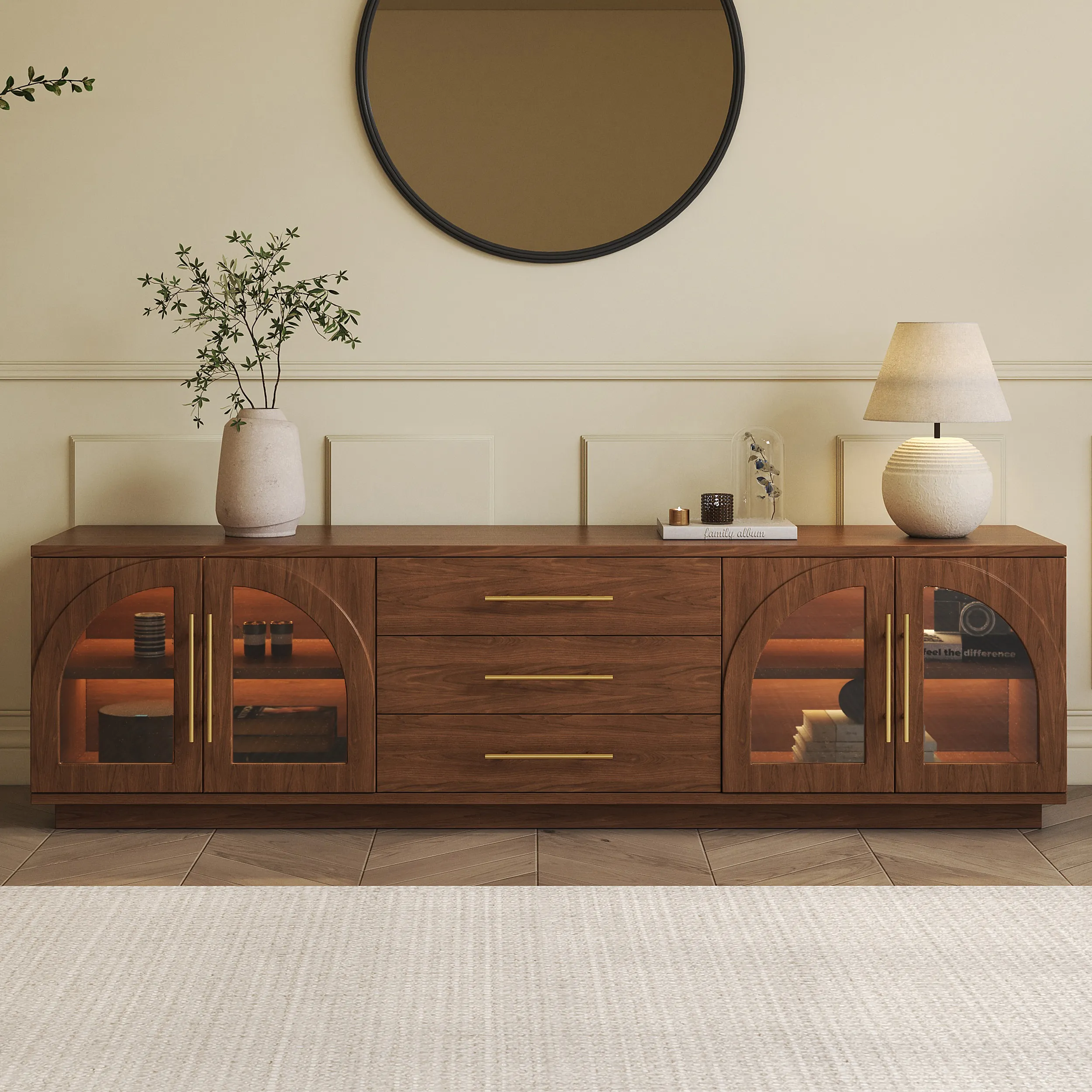 Arune 72" TV Stand with LED Lights - Walnut, Ash Veneer