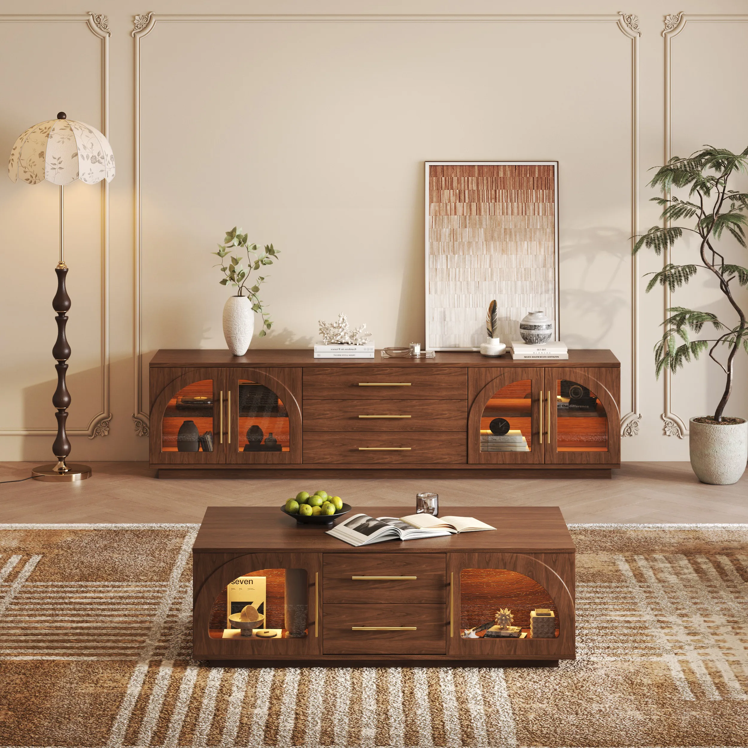 Arune 80 TV Stand Coffee Table Set with LED Lights - Walnut