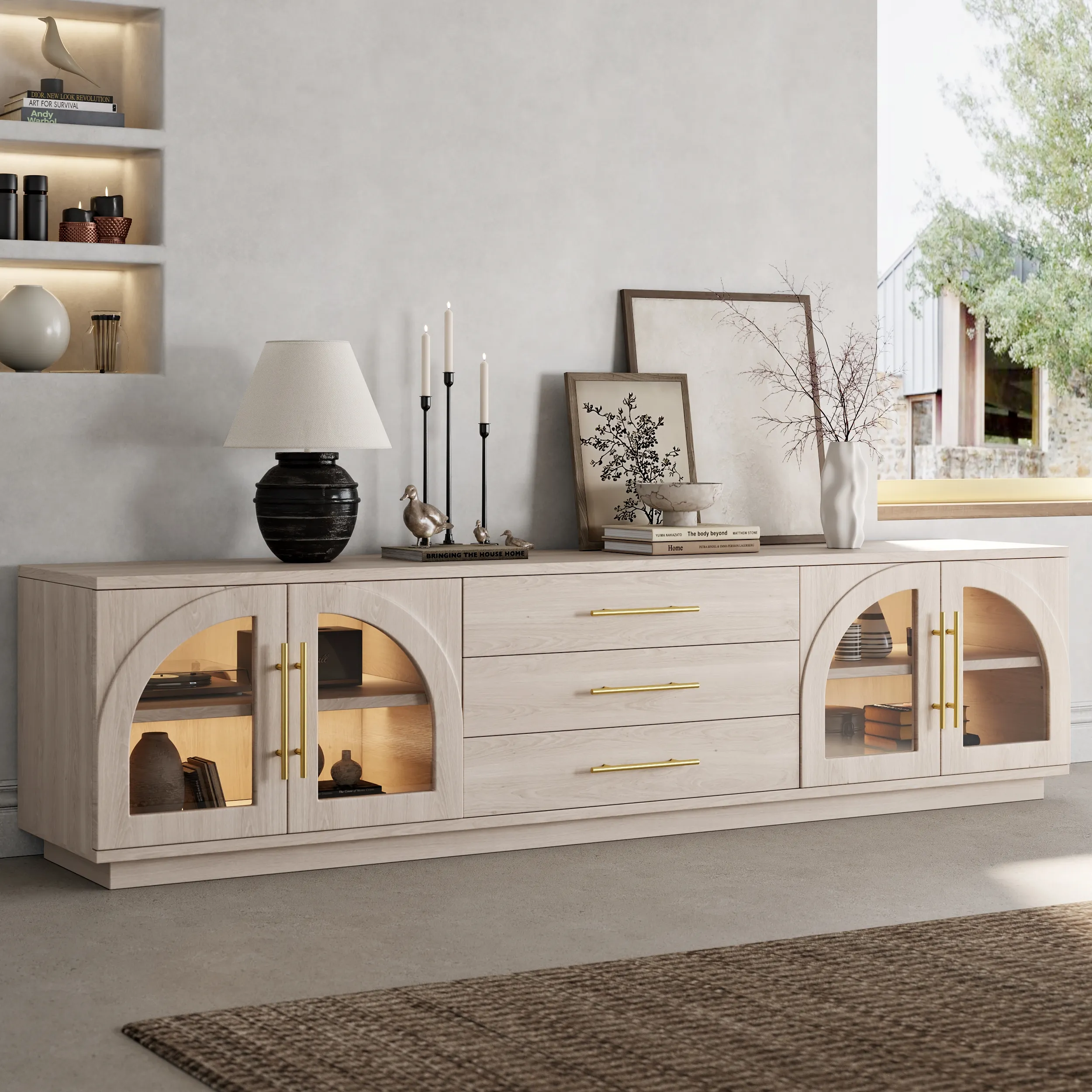 Arune 80" TV Stand with LED Lights - Japandi Whitewash image