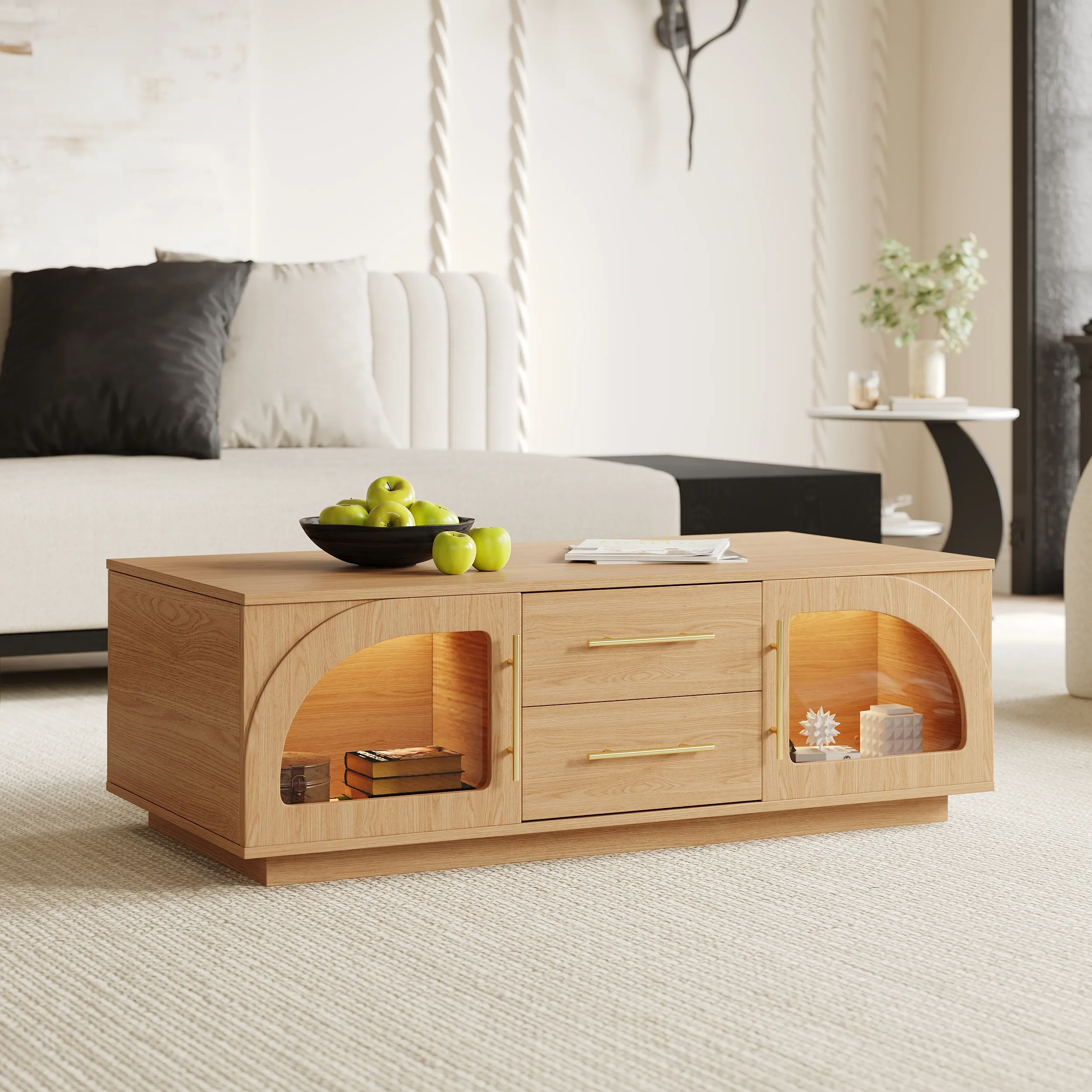 Arune Arched Glass Coffee Table with Storage and LED - Natural image