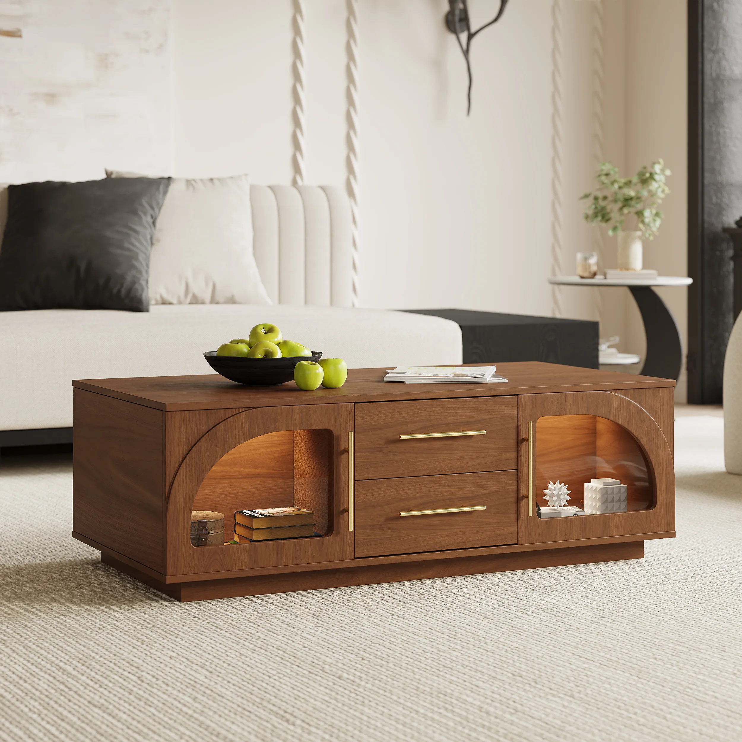 Arune Arched Glass Coffee Table with Storage and LED - Walnut