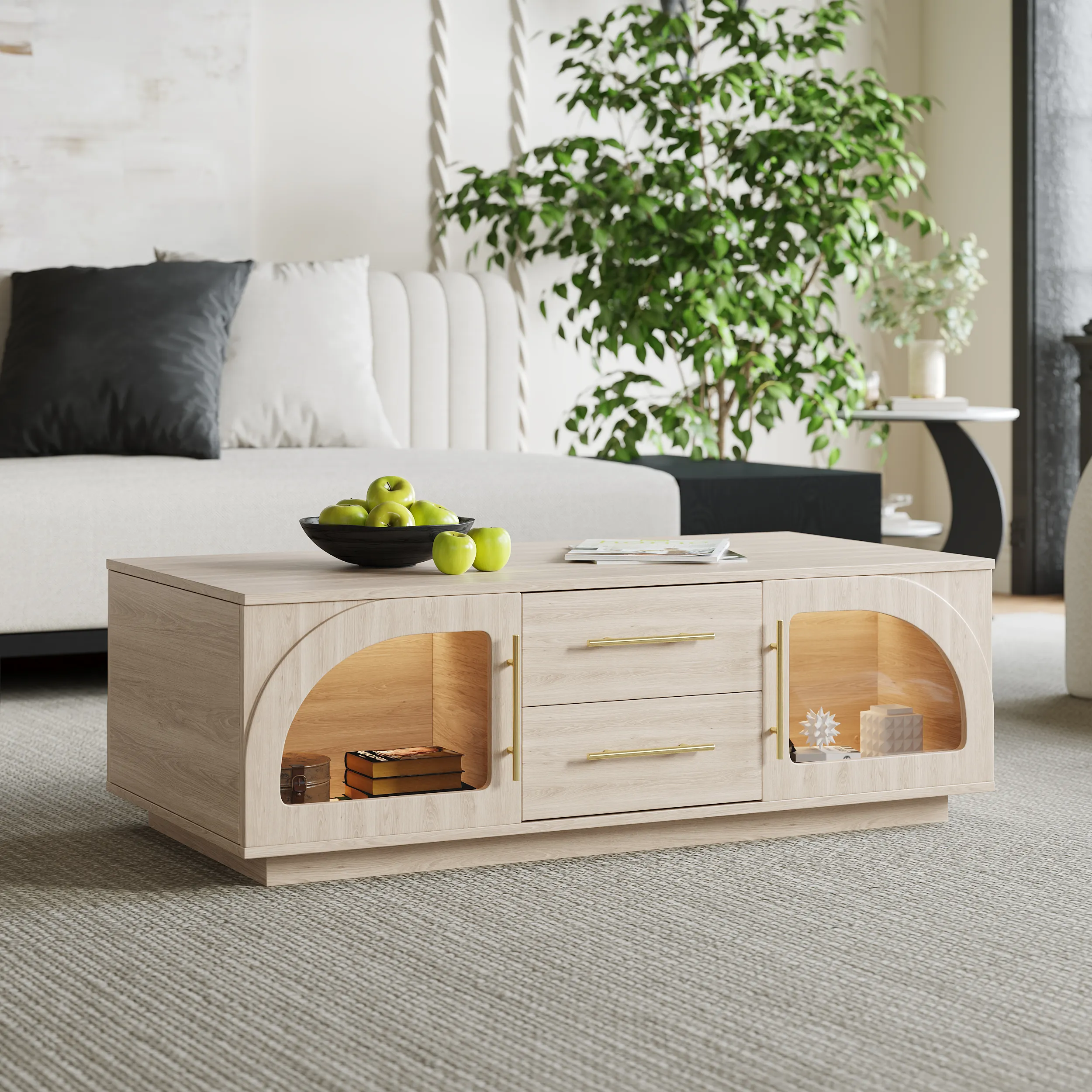 Arune Arched Glass Coffee Table with Storage and LED - Whitewash