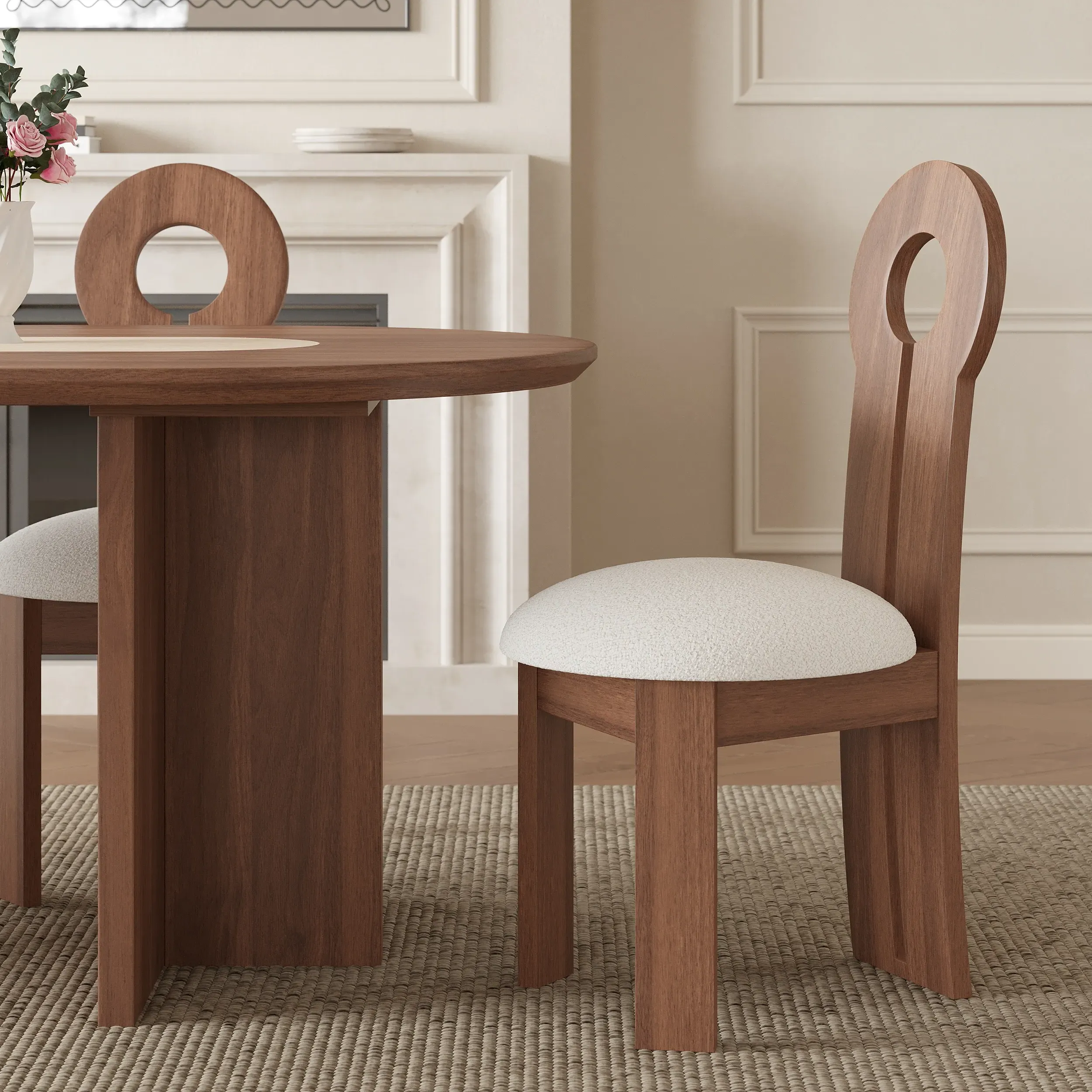 Ash Wood Dining Chair with Boucle Upholstery - Walnut image