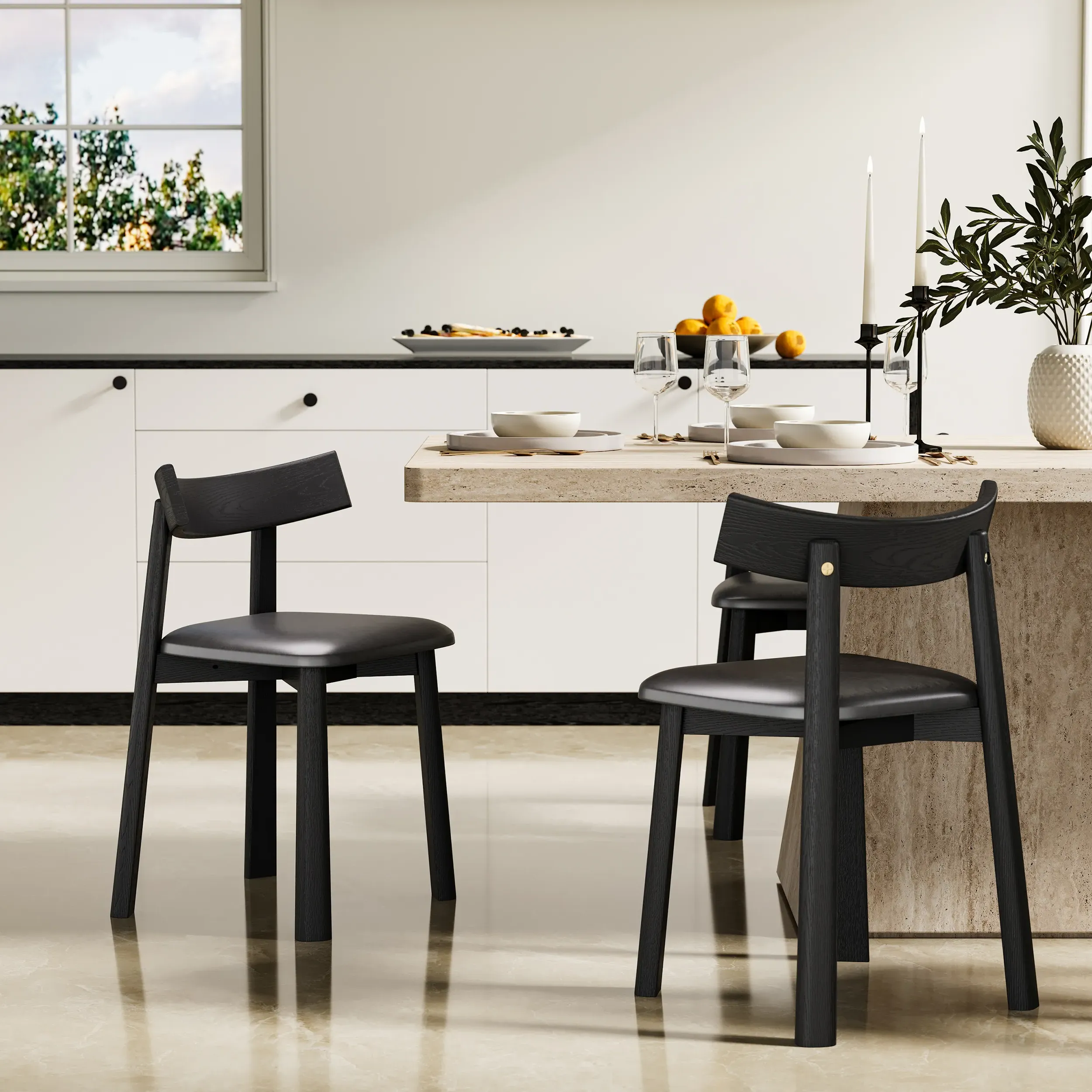 Ash Wood Elbow Dining Chair Set of 2 - Faux Leather image