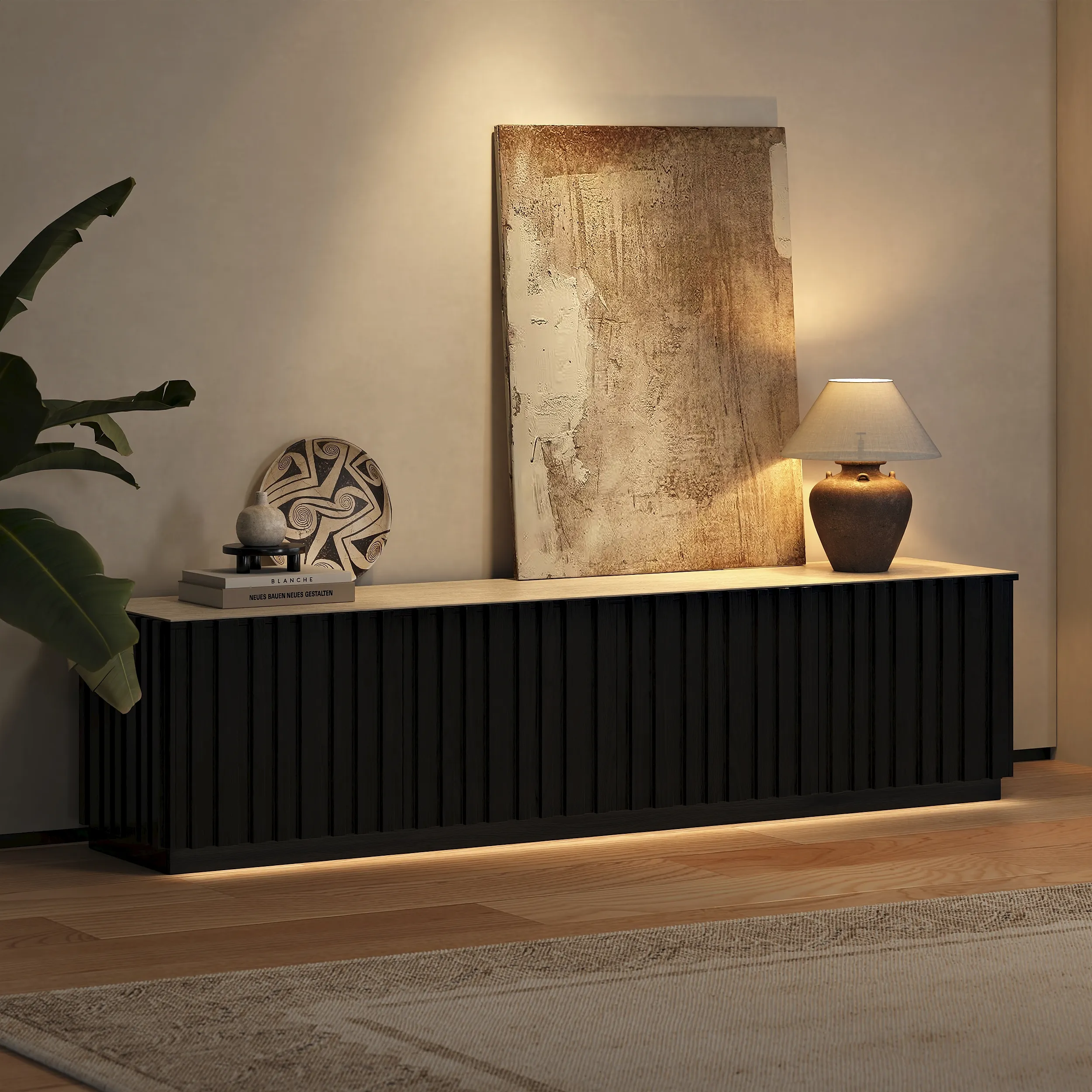 Aura 83 Slatted TV Stand with Travertine Top - Black, Ash Wood