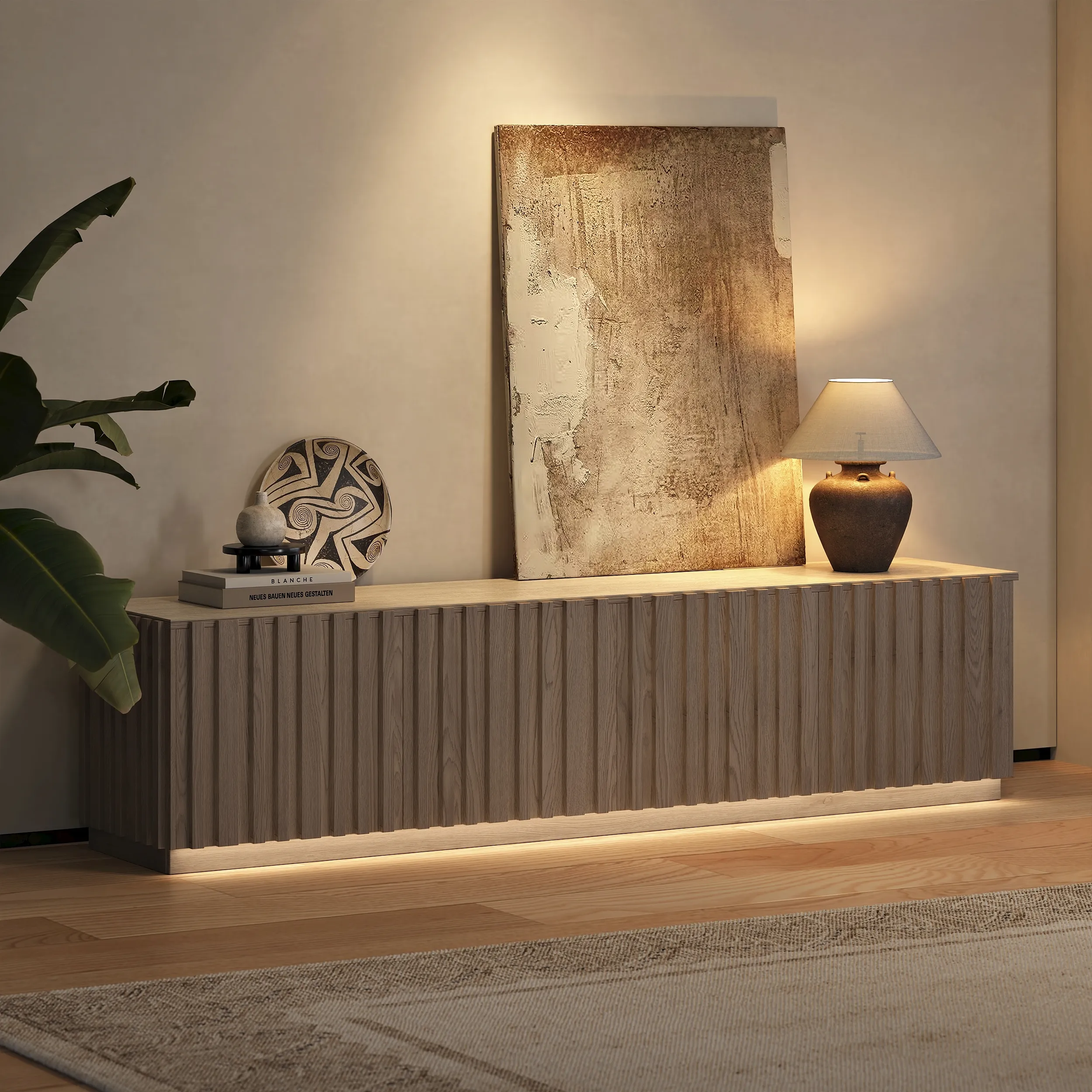 Aura 83 Slatted TV Stand with Travertine Top - Whitewash, Ash