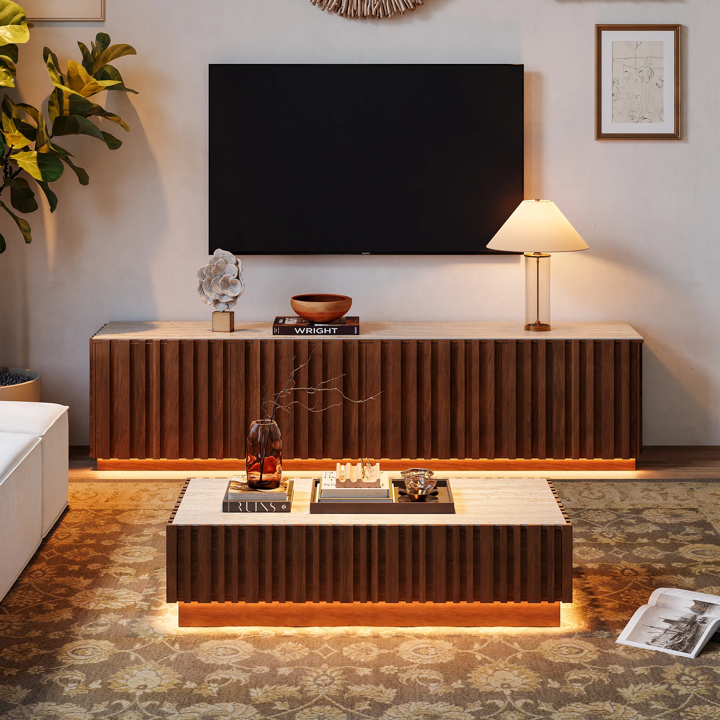 Aura 83 TV Stand Coffee Table Set with Travertine - Walnut, Ash