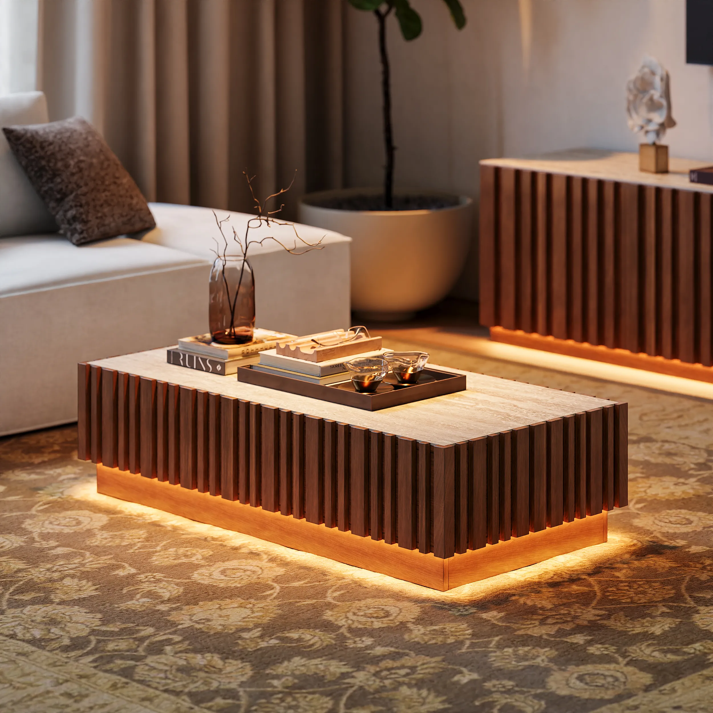 Aura Rectangular Coffee Table with LED Light - Walnut, Ash Wood image