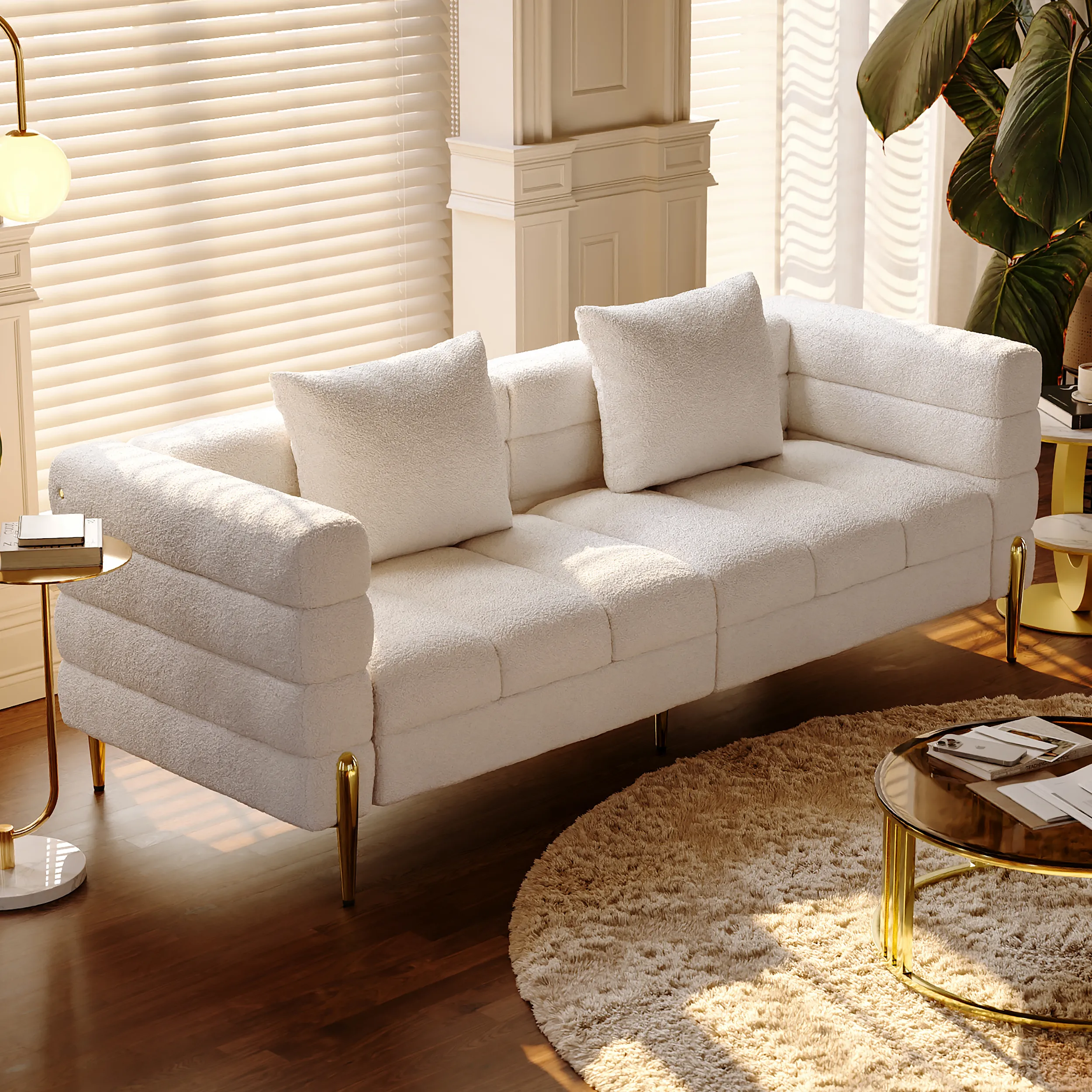 Aurora Fluted 3-Seater Sofa with Pillow - White, Boucle image