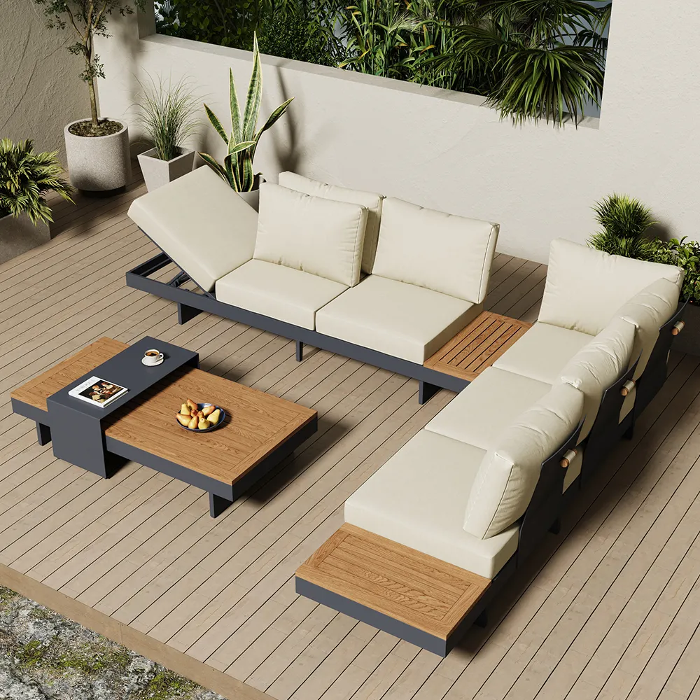 Axis L-Shaped Outdoor Sectional Sofa Set - Beige, Teak image